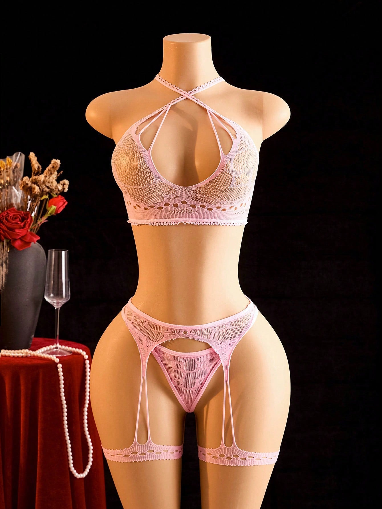3pcs Women Solid Color Mesh Lingerie Set, Lightweight Fabric Construction, Coordinated Three-Piece Structure, Suitable For General Wear And Styling