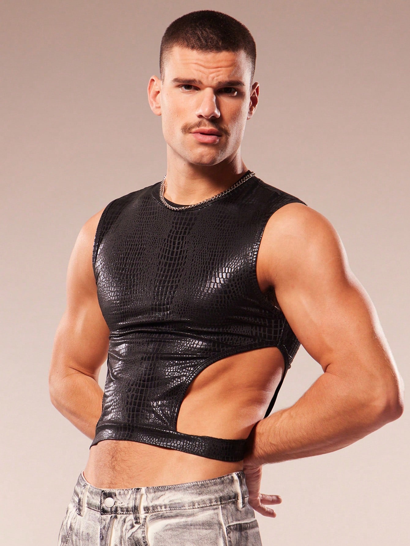 Men's Crew Neck Crocodile Embossed Cutout Sleeveless Top