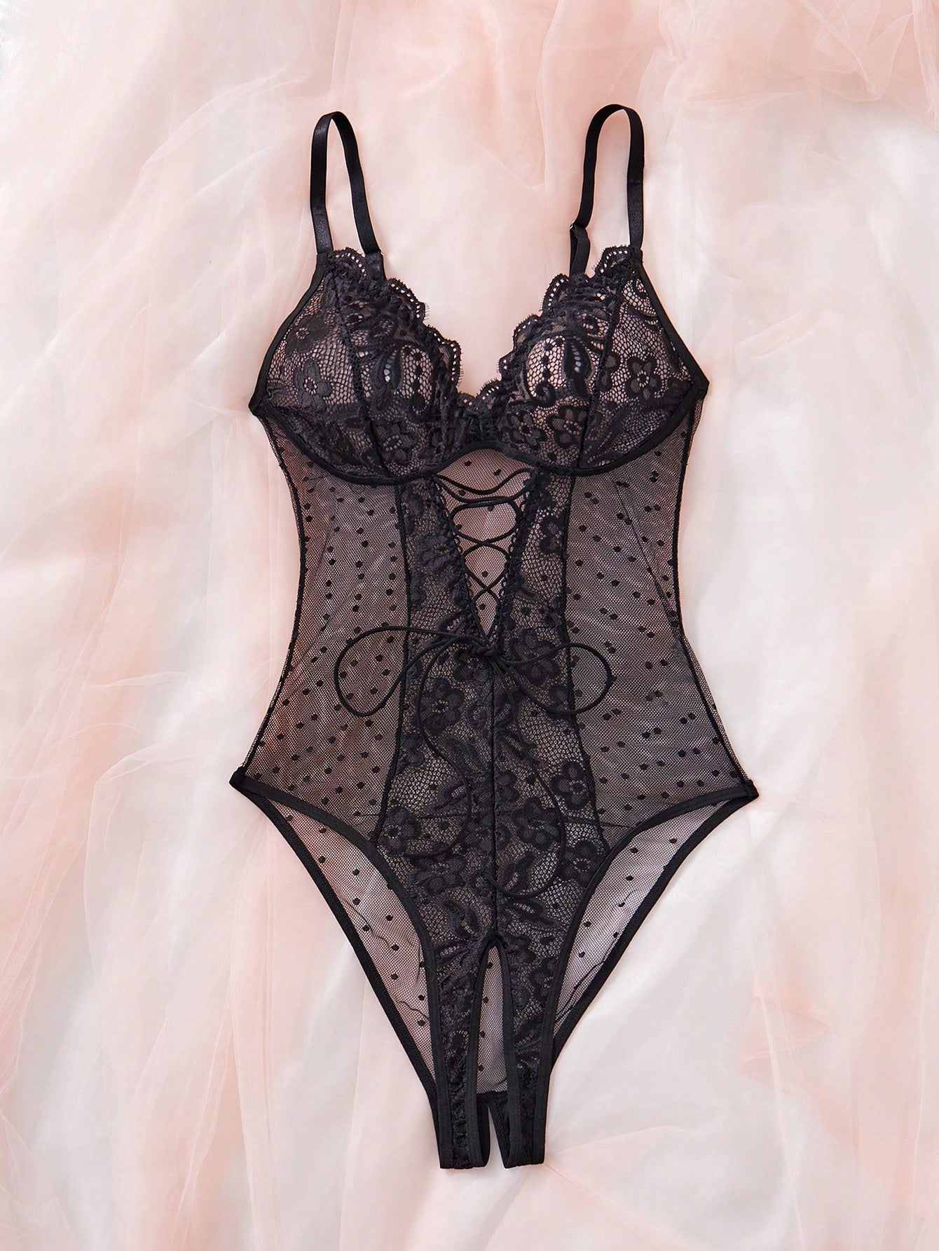Women Contrast Lace And Mesh Bodysuit With One-Piece Construction, Layered Fabric Design, Lightweight And Flexible Fit, Clean Silhouette, Suitable For General Wear And Outfit Styling