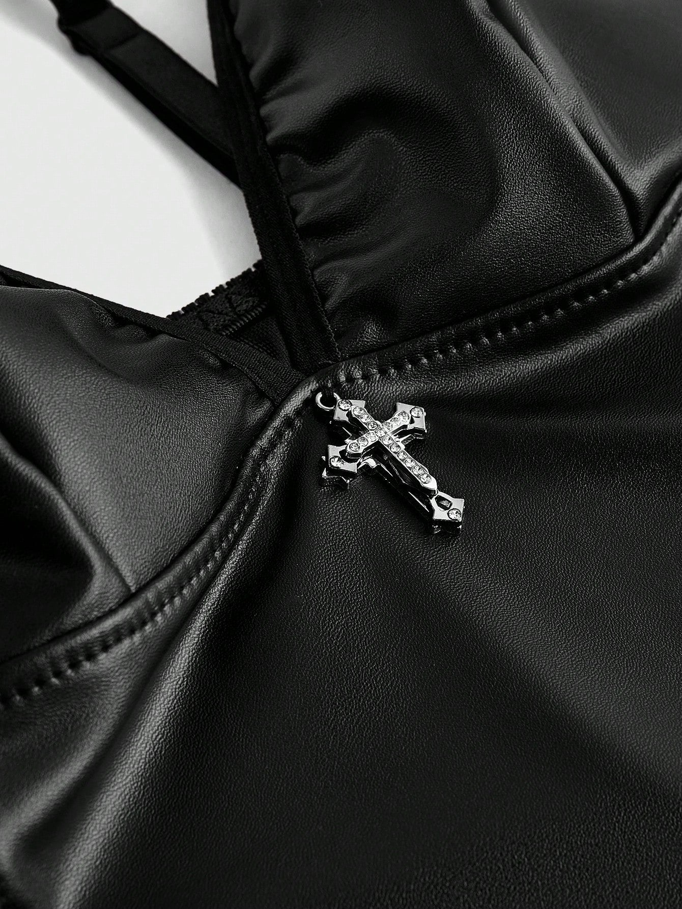Goth Cross Pendant PU Leather Sexy Bodysuit, Rave