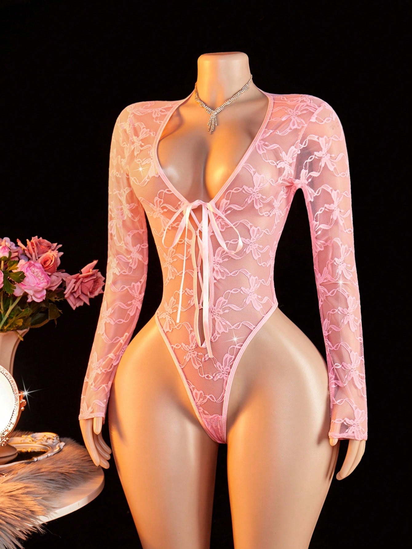 Women Mesh Long Sleeve Bodysuit With Floral Print And Front Tie Detail, Lightweight Fabric Construction, One-Piece Structure, Suitable For General Wear And Styling