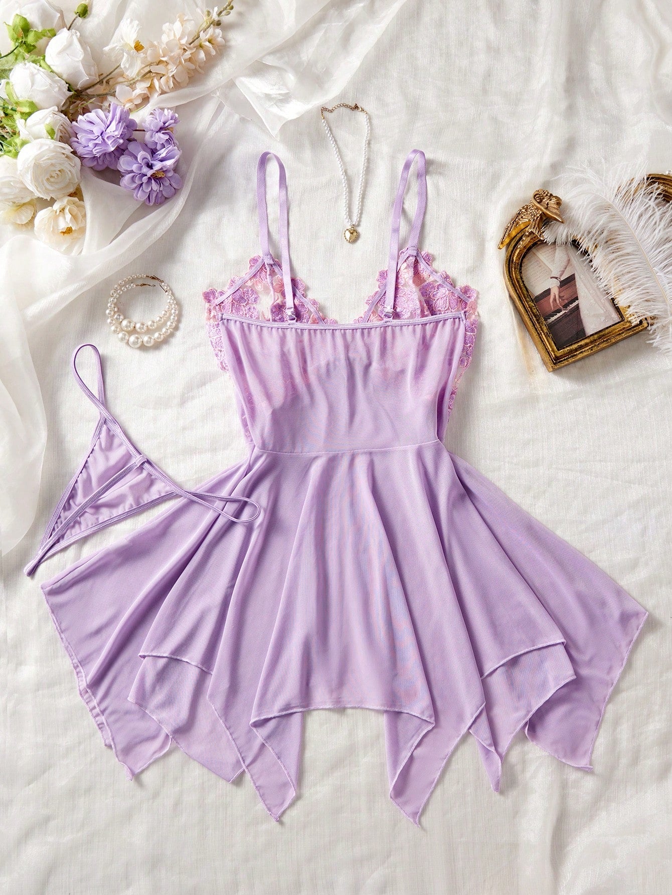 Unlock The Mysterious Light Purple Embroidered Sheer Nightgown, Gently Wrapping The Charming Figure, Sexy Asymmetric/Asymmetrical Sheer Thong, Going Out