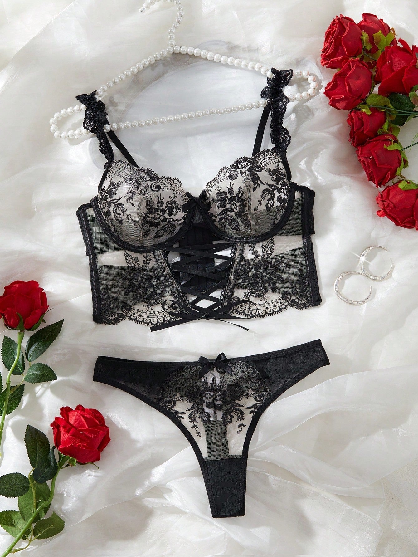 2pcs Women Mesh Contrast Outfit Set With Minimalist Design And Embroidery Detail, Lightweight Fabric Construction, Coordinated Two-Piece Structure, Suitable For General Wear And Styling