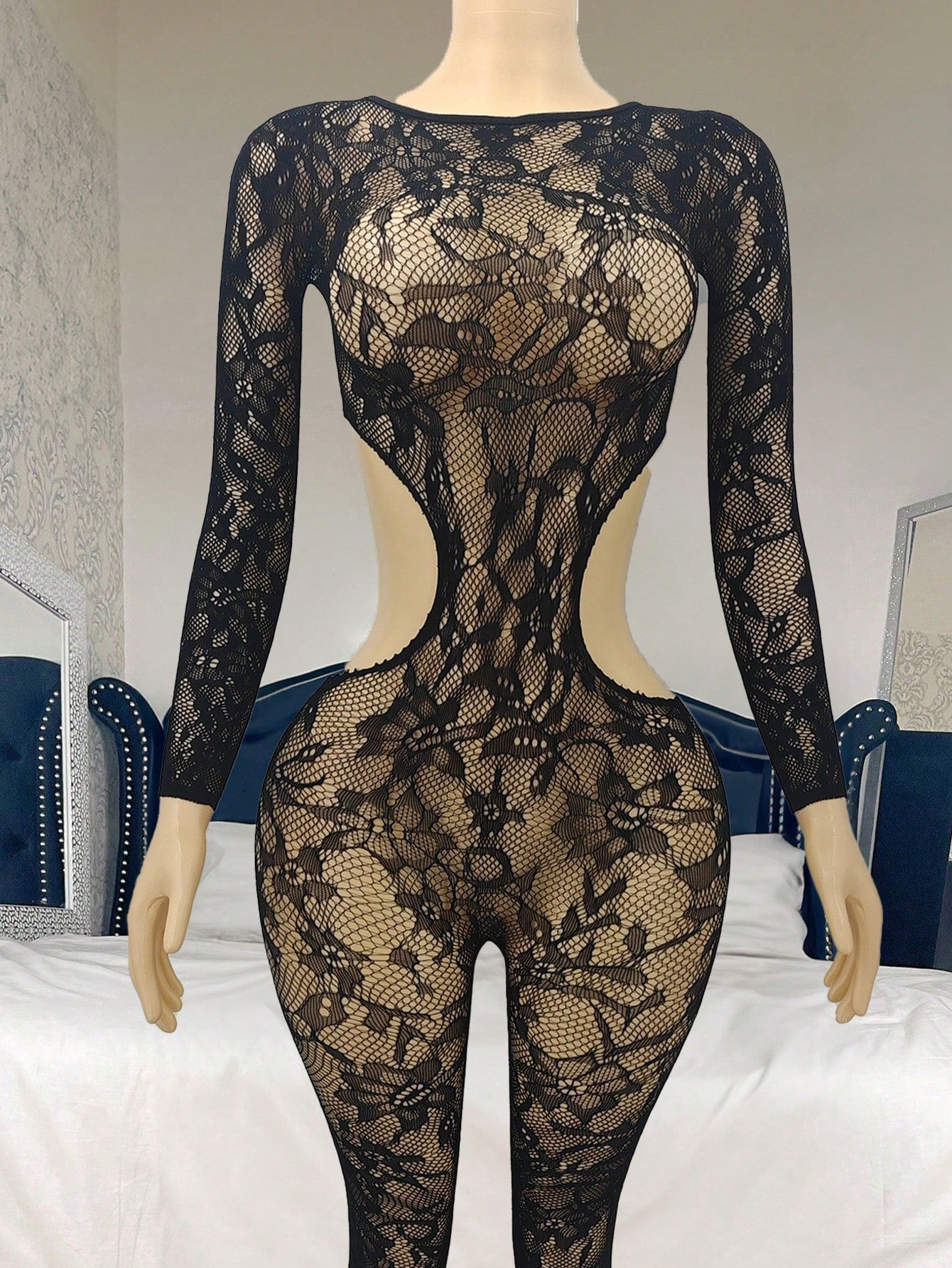 Sheer Long Sleeve See-Through Mesh Sexy Lingerie Jumpsuit for Night Out