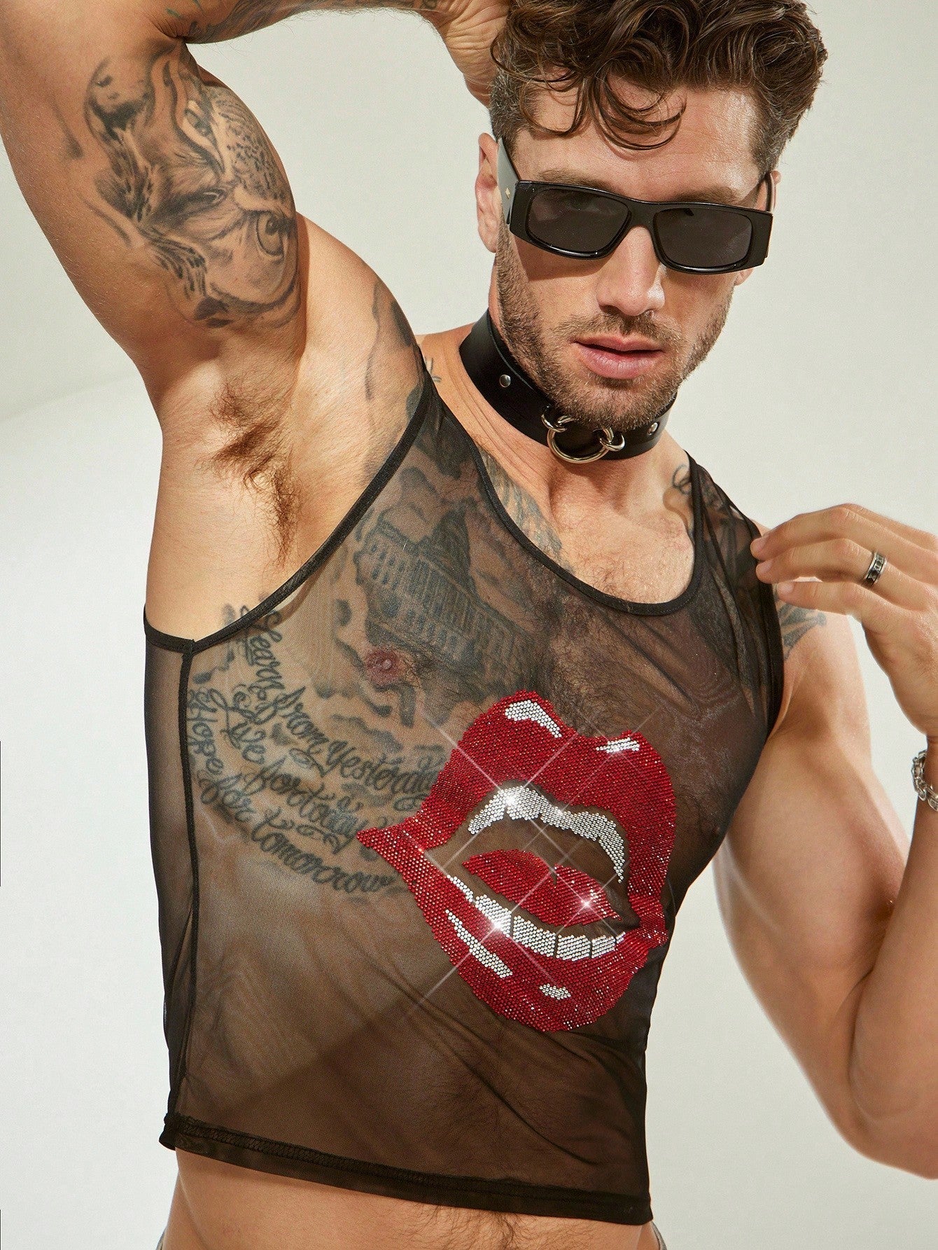 Rhinestone Lip Mesh Sheer Camisole