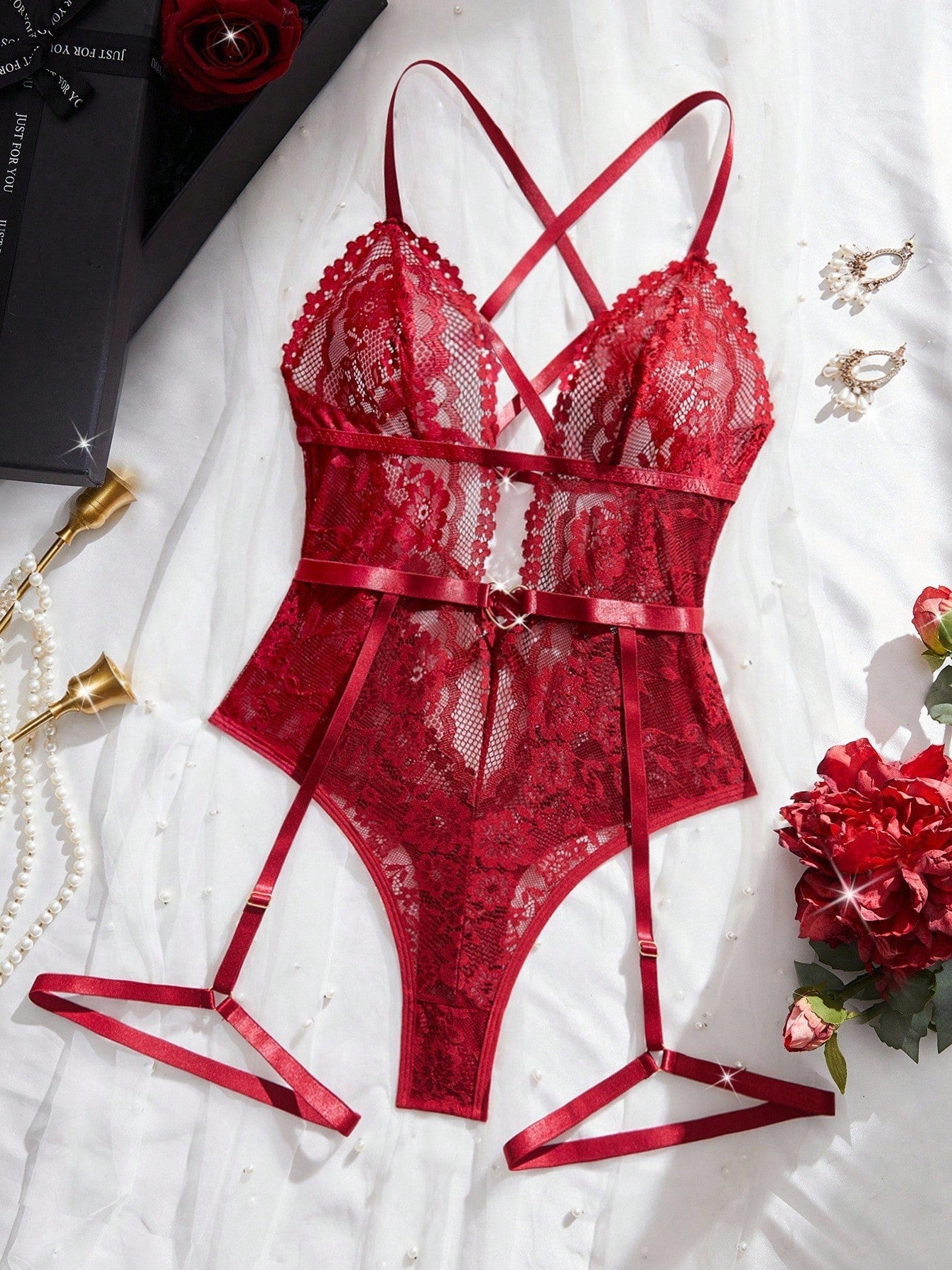 Lace Sexy Bodysuit with Garter Belt Set