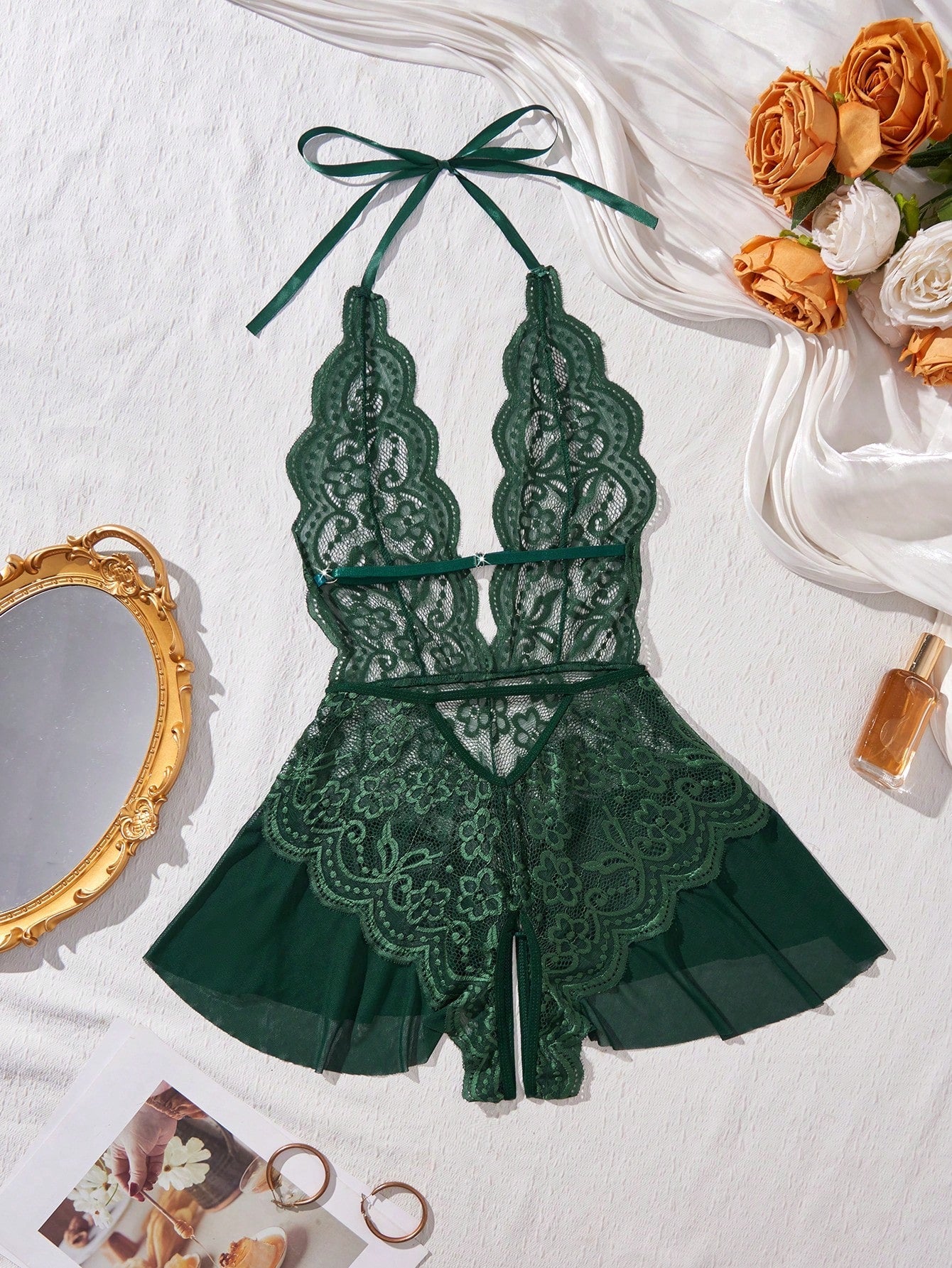 Women's Open Crotch Lace Decorated Backless Halter Neck Sexy Bodysuit With Ruffle Trim, Rave, Baddie Look
