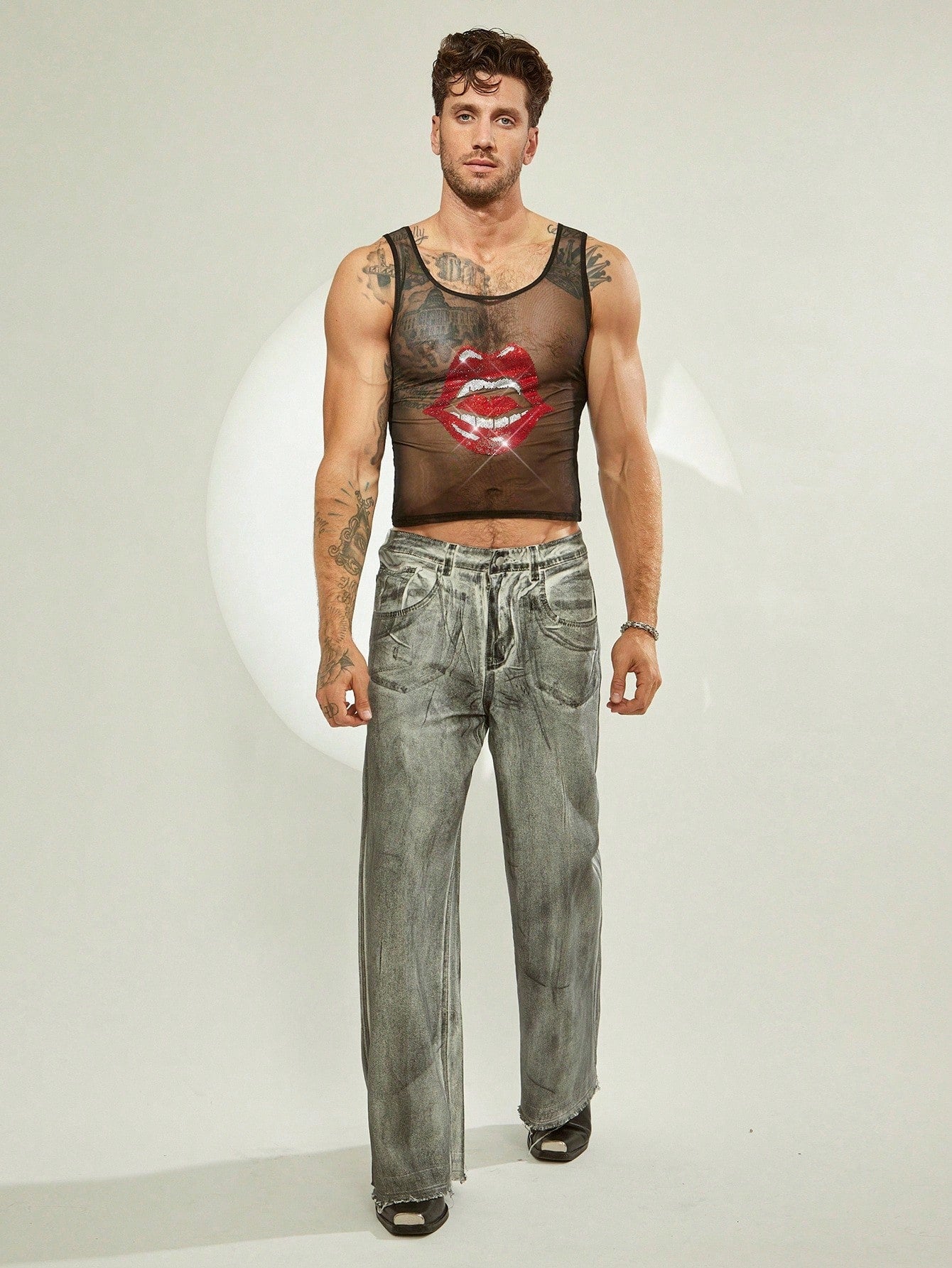 Rhinestone Lip Mesh Sheer Camisole