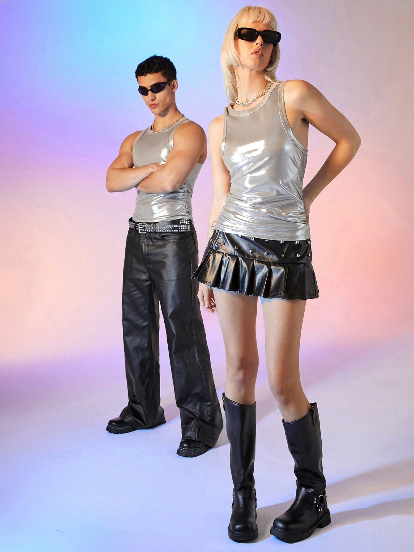 Unisex Street Style Silver Silk Fitted Sleeveless Crop Top