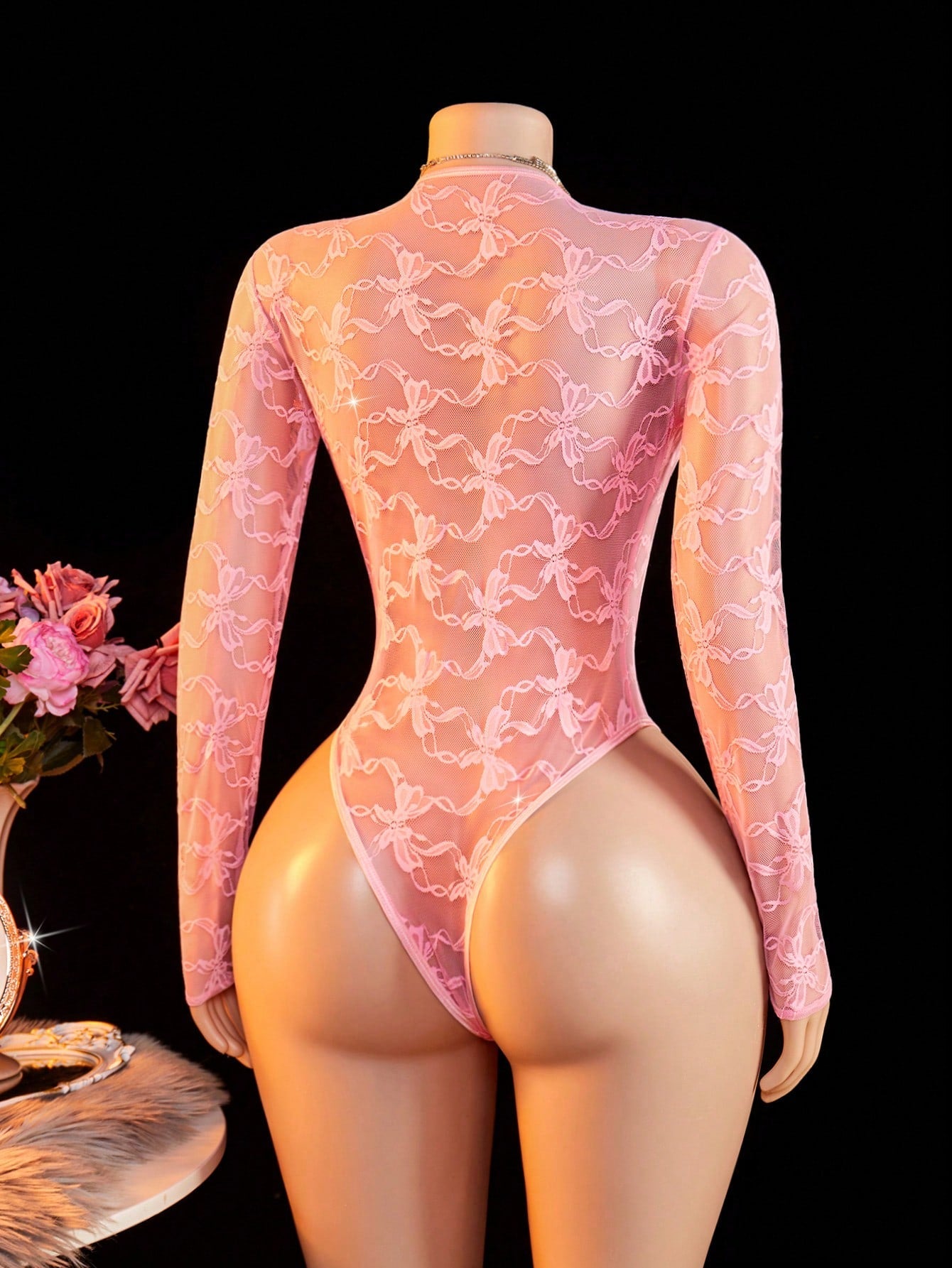 Long Sleeve Floral Print Front-Tie Low Neck Mesh Bodysuit Jumpsuit