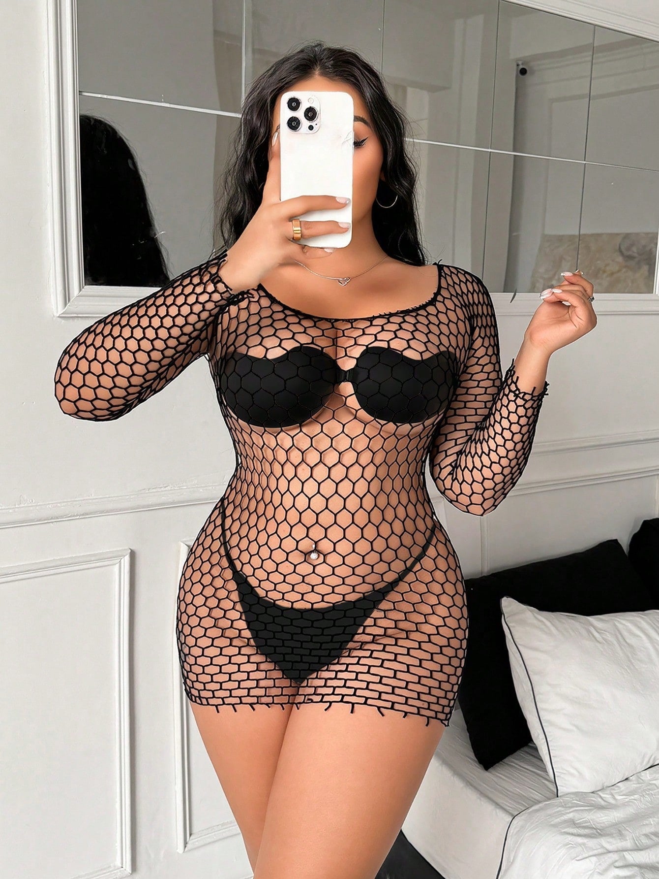 Plus Size Sheer Mesh Nightgown Elastic Sexy Lingerie Sleepwear