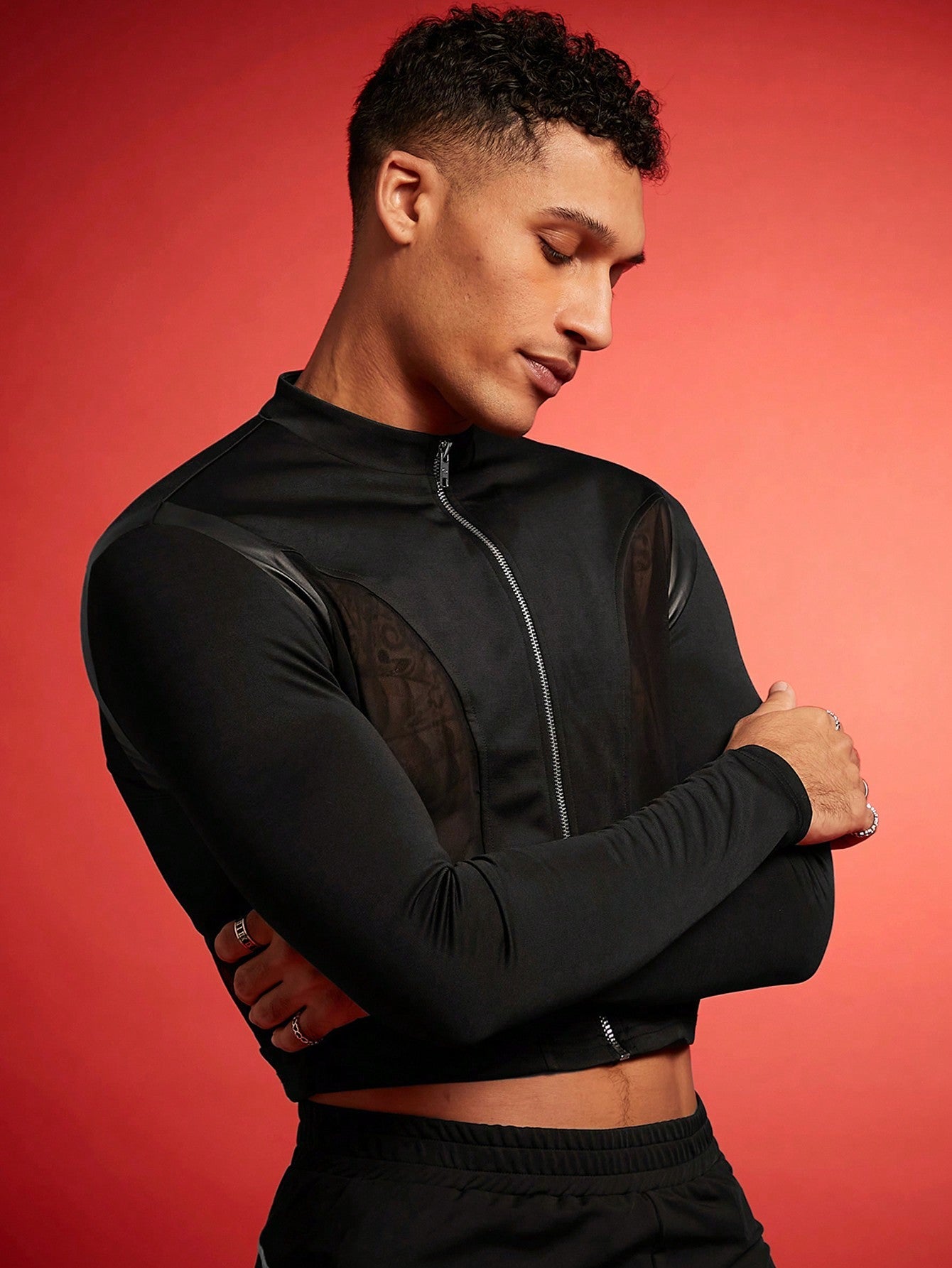 Men's Mesh Panel Zip Front Stand Collar Long Sleeve Fitted Fashion Jacket