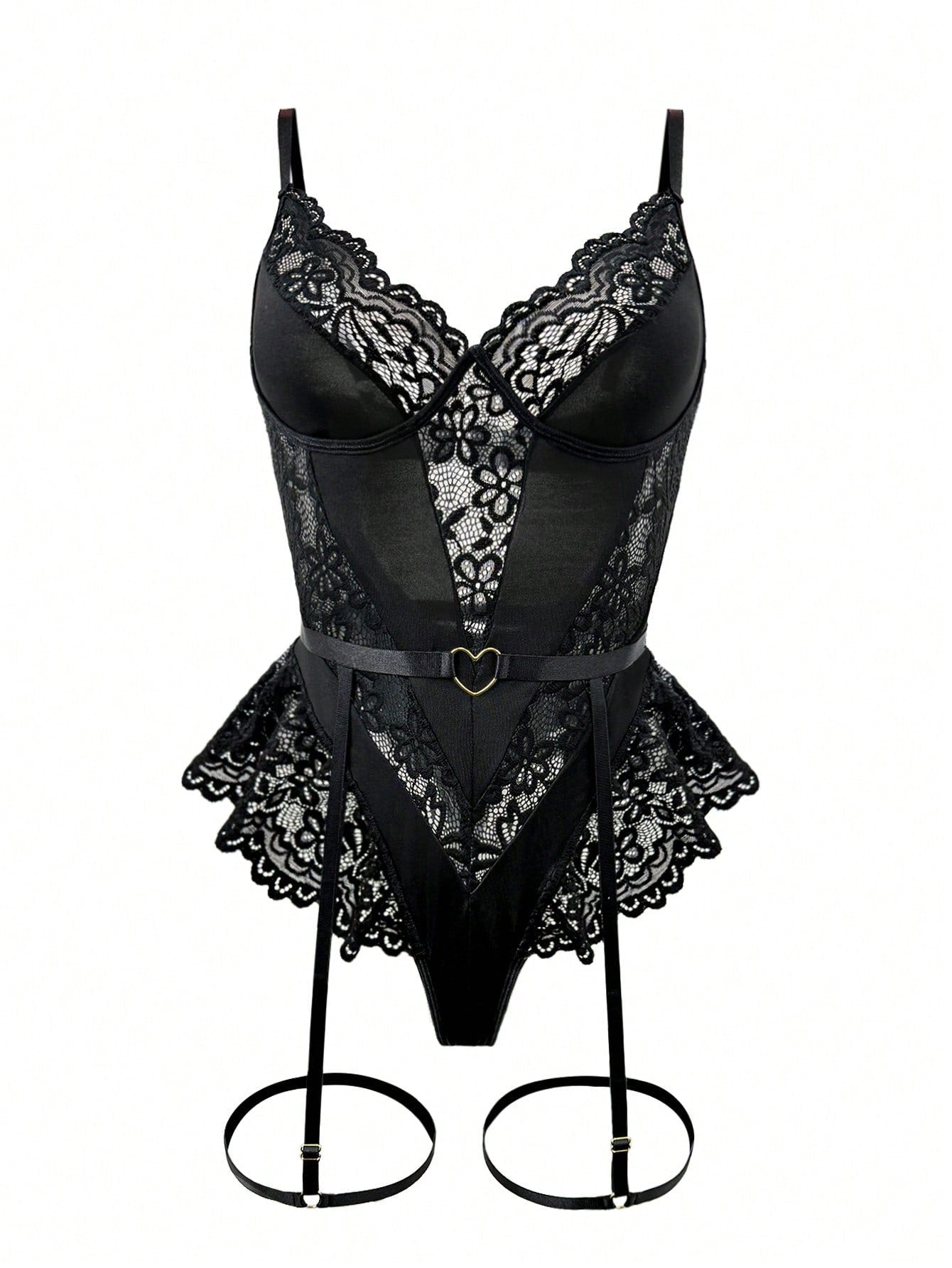 2pcs Women Lace Patchwork Bodysuit Set (No Underwire, No Garter), Lightweight Fabric Construction, Coordinated Two-Piece Structure, Suitable For General Wear And Styling