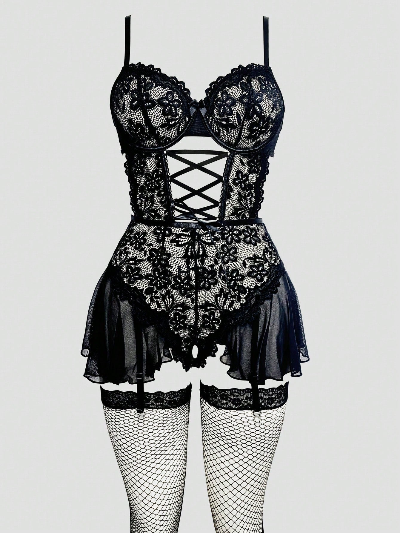 3pcs Set: Lace Patchwork Ruffle Hem Slit Bodystocking With Garter Belt + 2pcs Fishnet Stockings, Party Outfit
