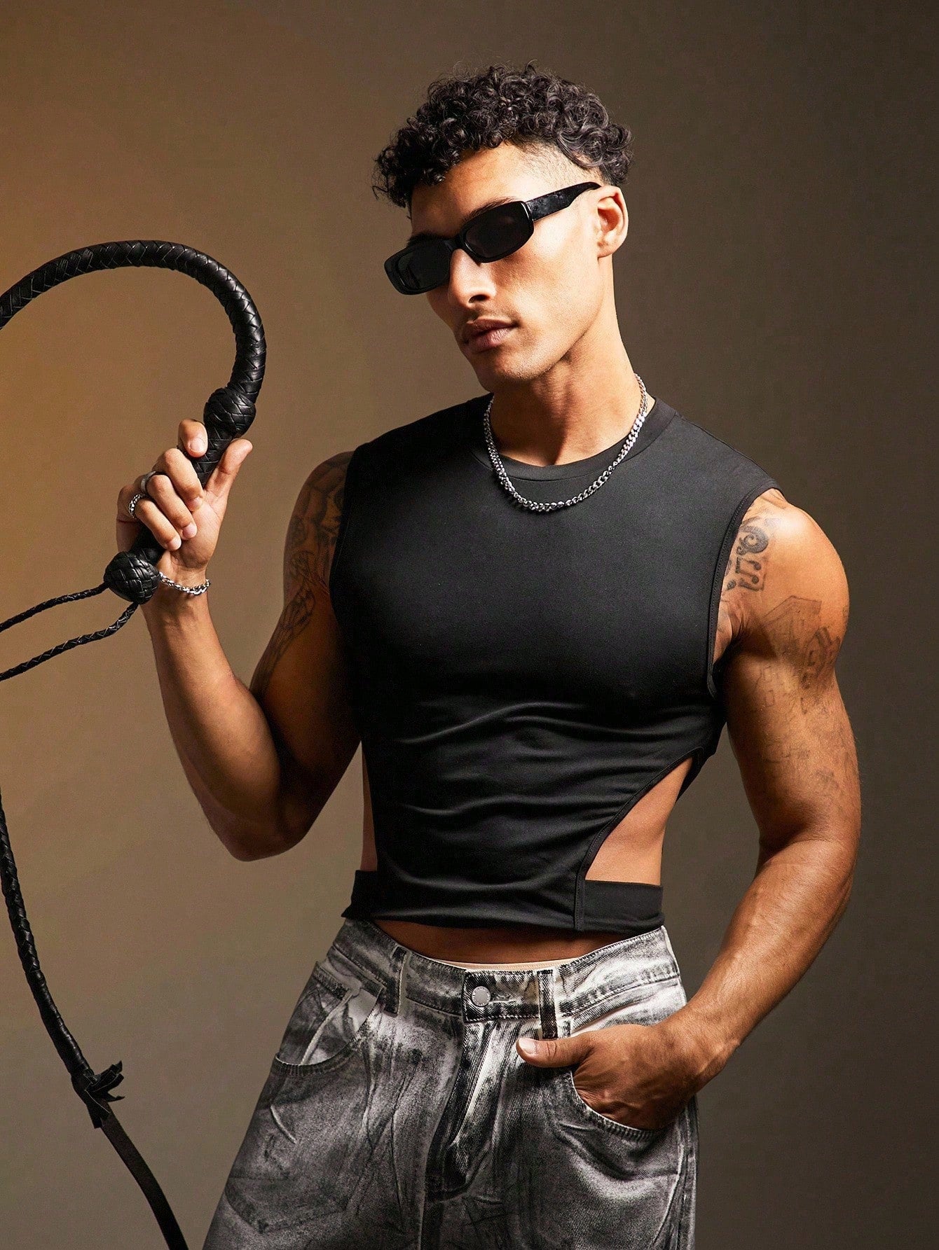 Men's Solid Color Round Neck Side Hollow Out Slim Fit Tank Top