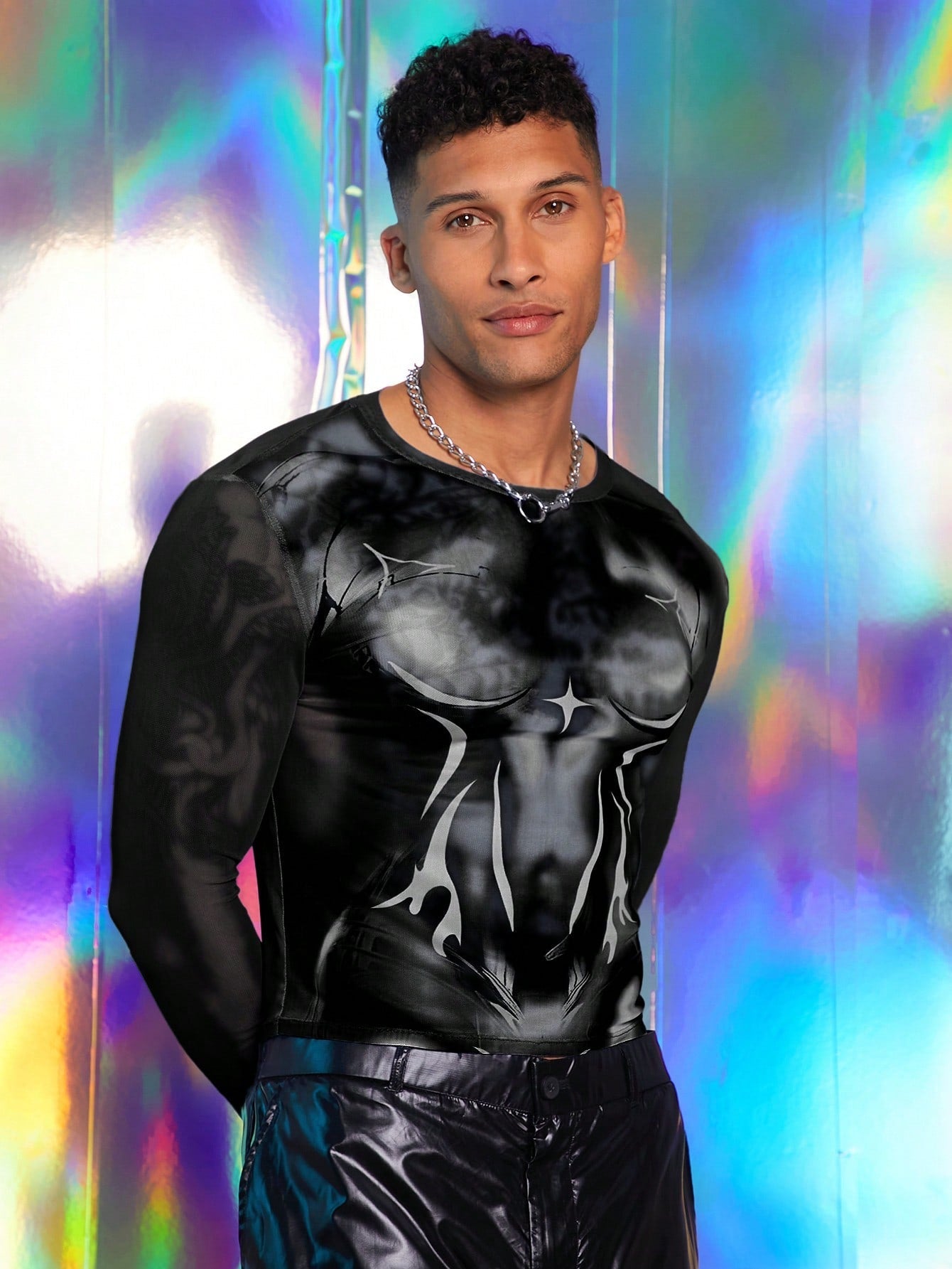 Men's Digital Printed Mesh Crew Neck Tight Fit Long Sleeve T-Shirt