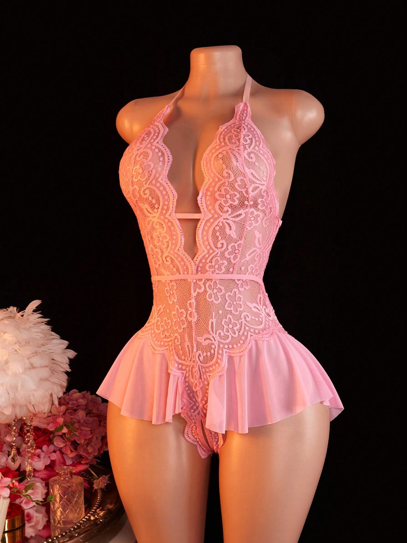 Women's Open Crotch Lace Decorated Backless Halter Neck Sexy Bodysuit With Ruffle Trim, Rave, Baddie Look
