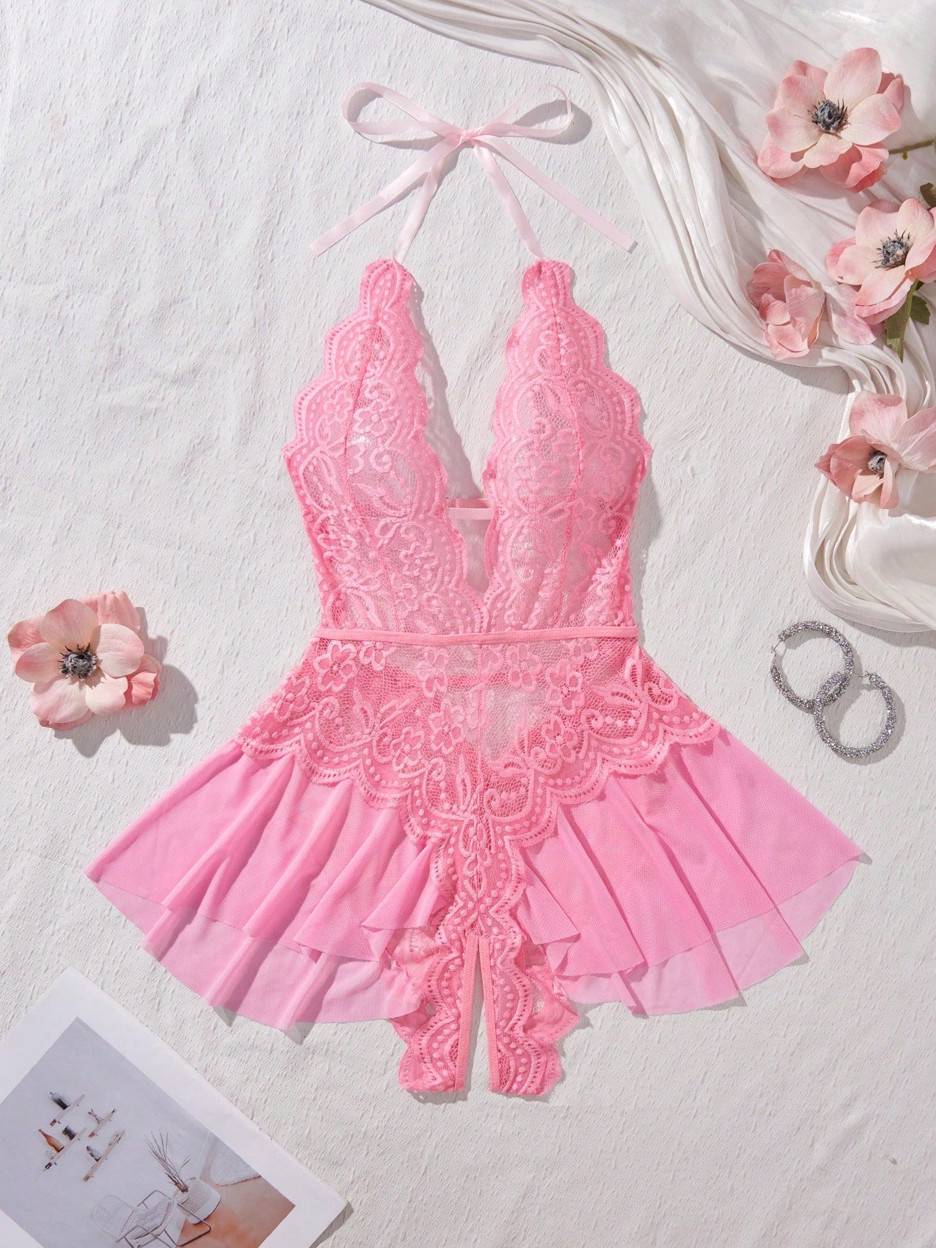 Women's Open Crotch Lace Decorated Backless Halter Neck Sexy Bodysuit With Ruffle Trim, Rave, Baddie Look