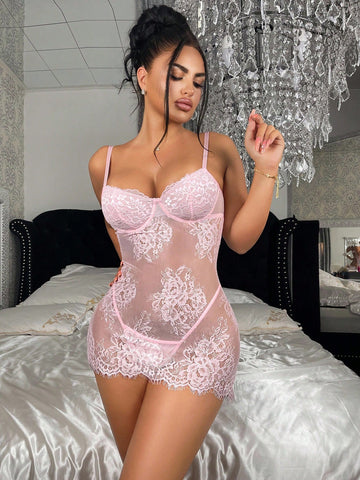Pink Sheer Lace Babydoll Lingerie Set with Spaghetti Straps and Thong