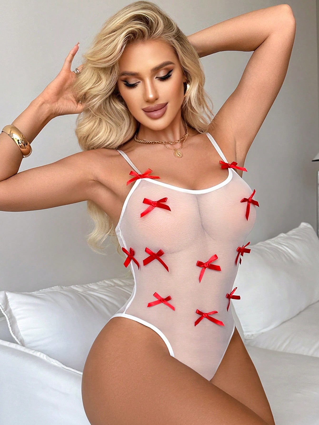 Women Solid Color Teddy Bodysuit With Lace Up Detail And Bow Accent Decoration, Sheer Fabric Construction, One-Piece Structure With Clean Lines, Suitable For General Wear And Styling