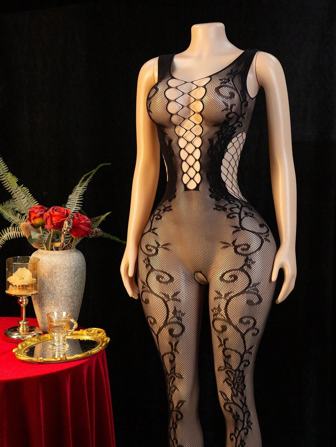 Embroidered Hollow Sheer Sleeveless Sexy Bodystocking