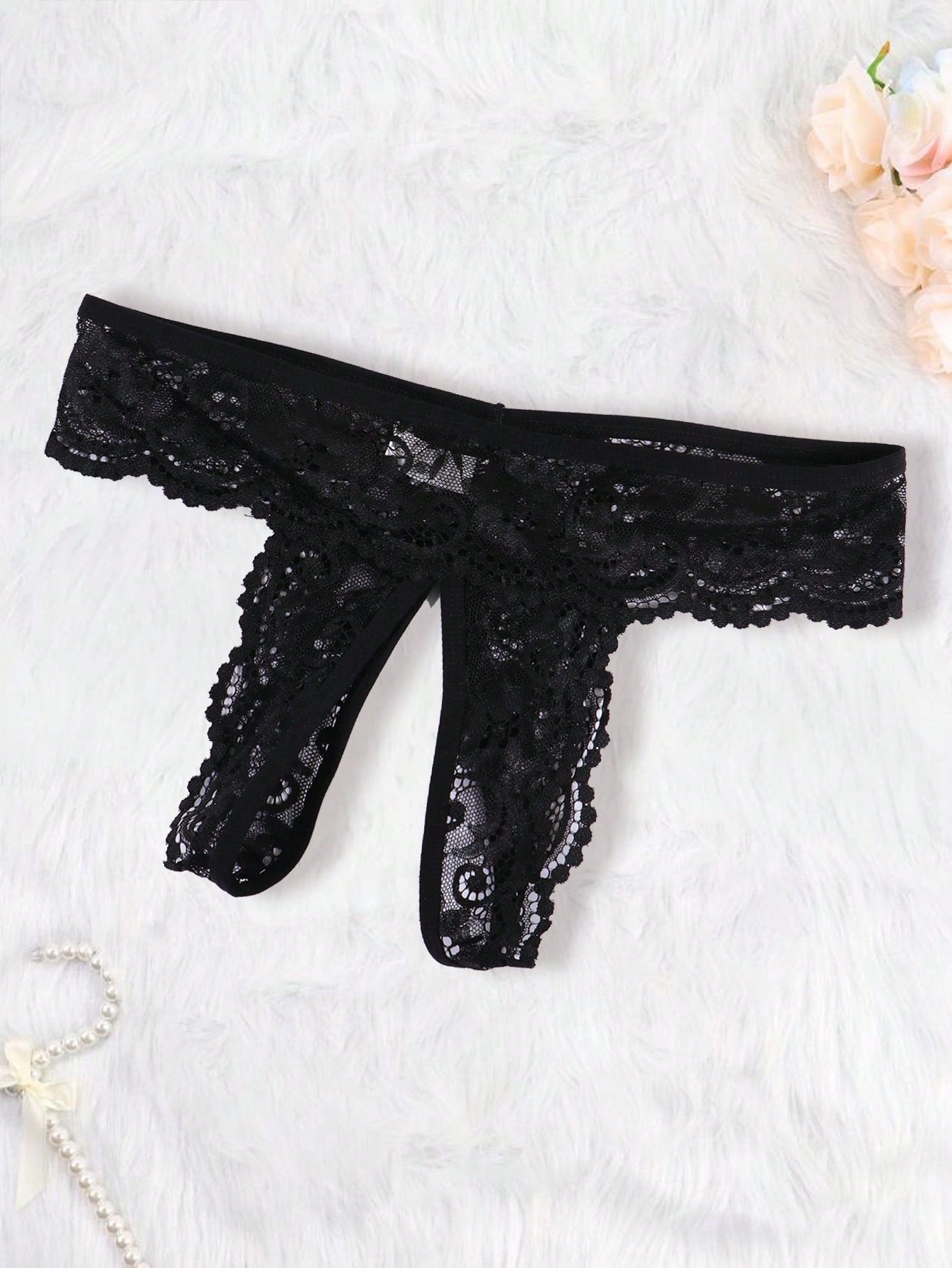 Women's Black Sexy Lace Lingerie Set - Featuring Bowknot Decor Bralette & Open Crotch Lace Tanga Panties For Going Out