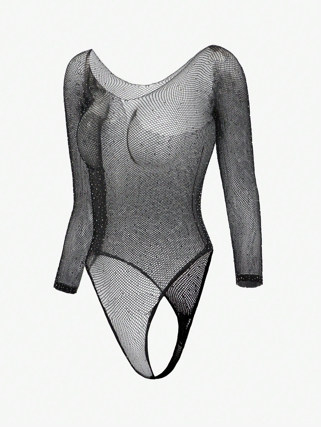 Rhinestone Studded Fishnet Teddy Bodysuit Lingerie
