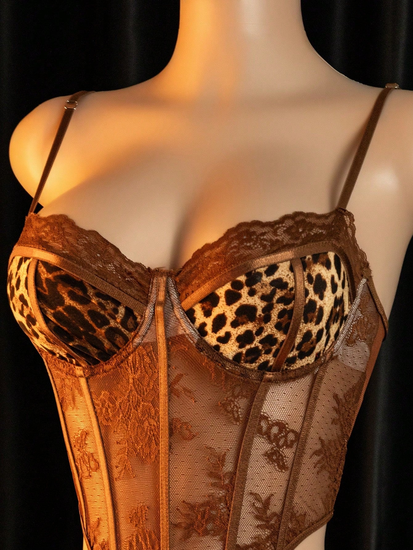 Women Leopard Pattern Bodysuit With Underwire Lace Cups And Sheer Mesh Panels, Adjustable Strap Design, Matching Wrap Skirt Detail, Suitable For General Wear And Styling