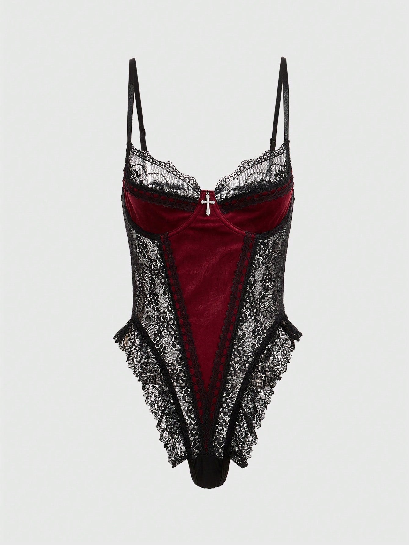 Women Contrast Lace Bodysuit With Structured One-Piece Design, Layered Lace Panel Detail, Smooth Fabric Combination, Simple Silhouette, Suitable For General Wear And Outfit Styling