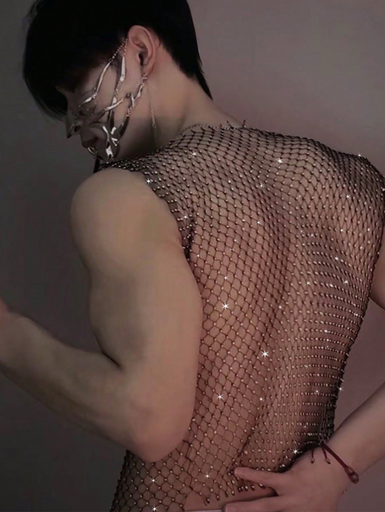 Men’s Casual Crop Top With Rhinestone Accent Fabric Design