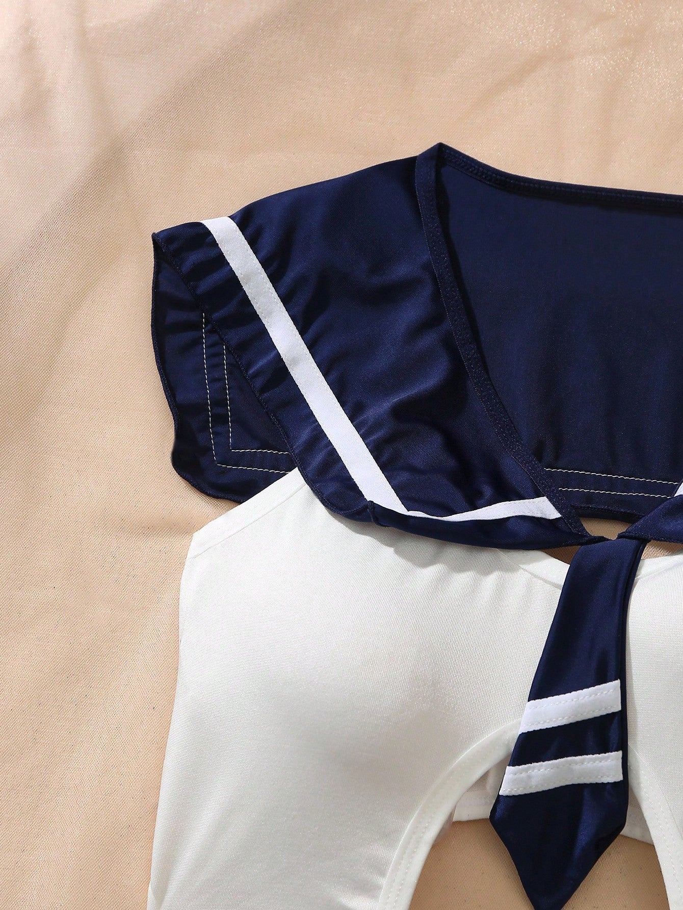 3pcs Open Crotch Contrast Color Navy Collar Tie Bodysuit With Short Pleated Skirt, Bow Decor, Mesh Skirt Hem, Frill Trim, Sexy Bodysuit For Women  Cozy And Elegant Details