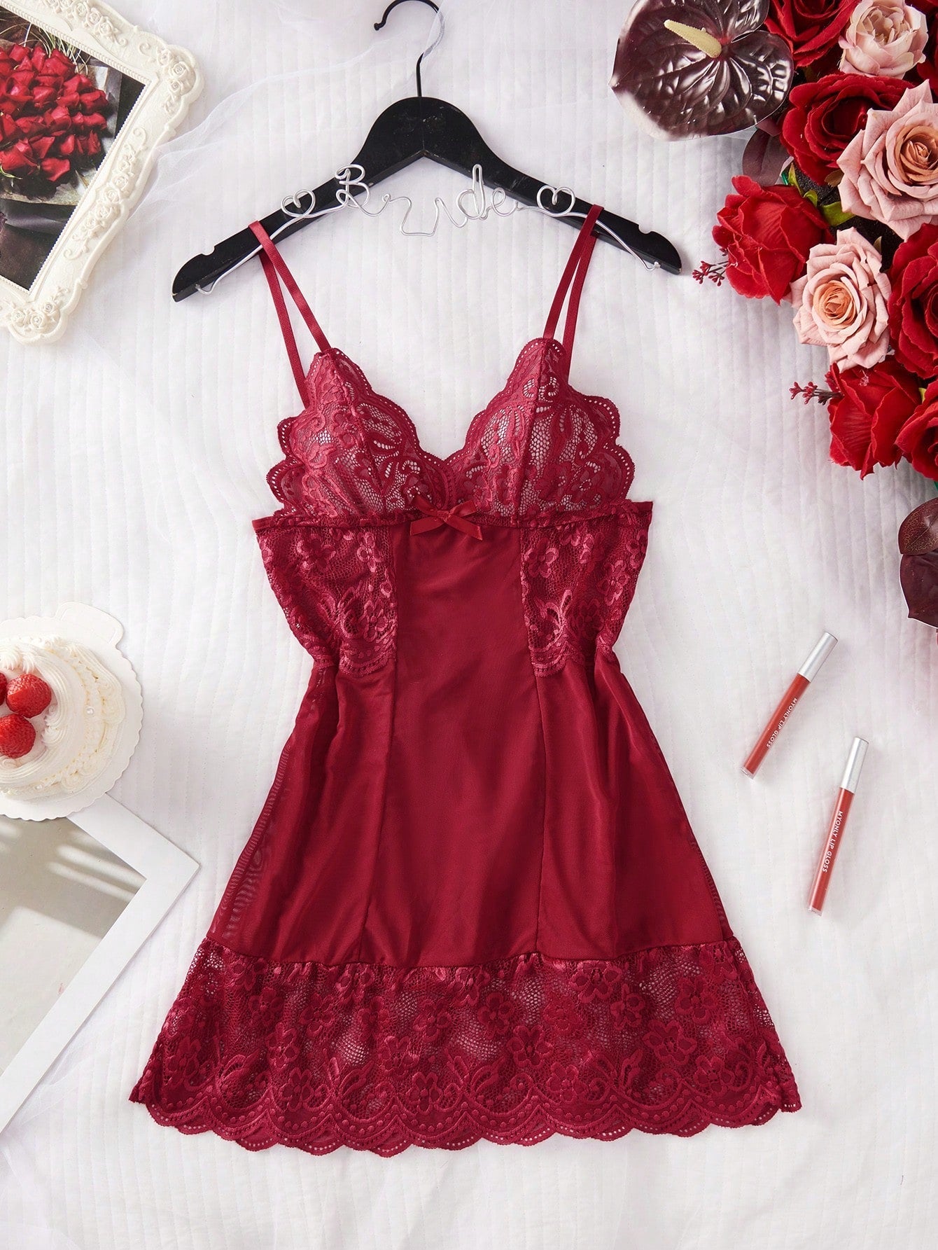 Adjustable Spaghetti Strap Lace Patchwork Deep V Nightgown Mini Dress