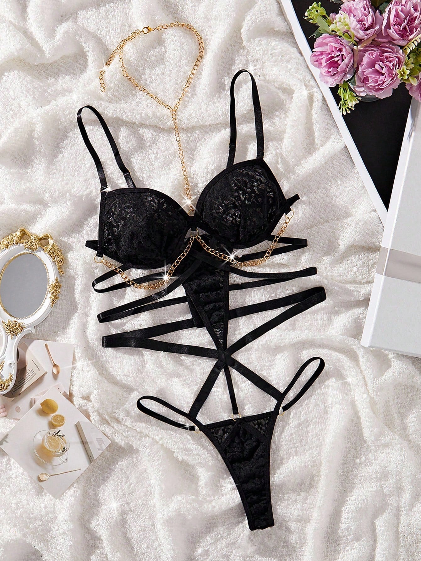 Chain Linked Cut Out Underwire Teddy Bodysuit Lingerie, Baddie Look