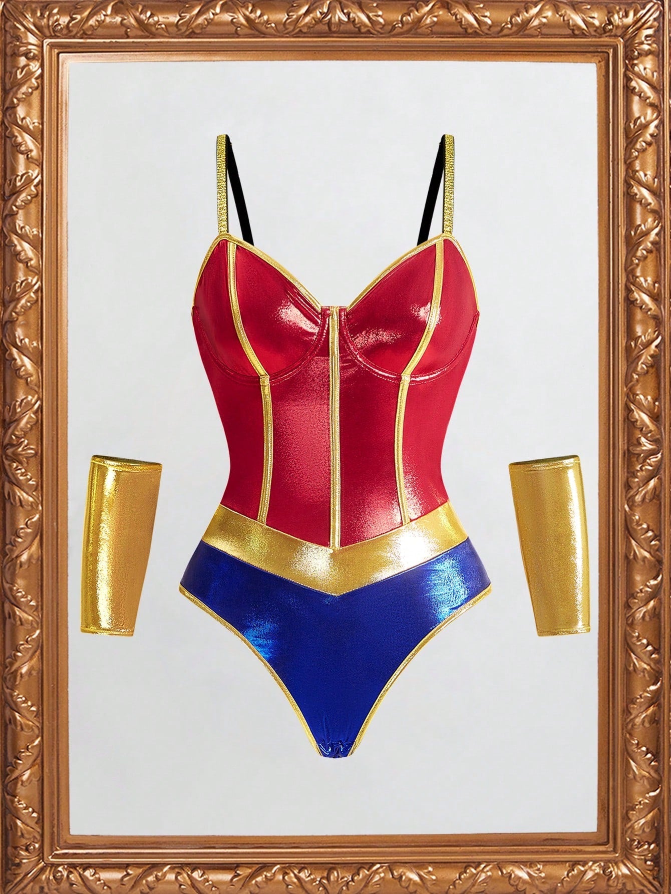 3-Piece Sexy Bodysuit Lingerie Costume Set with Metallic Foil Bodysuit