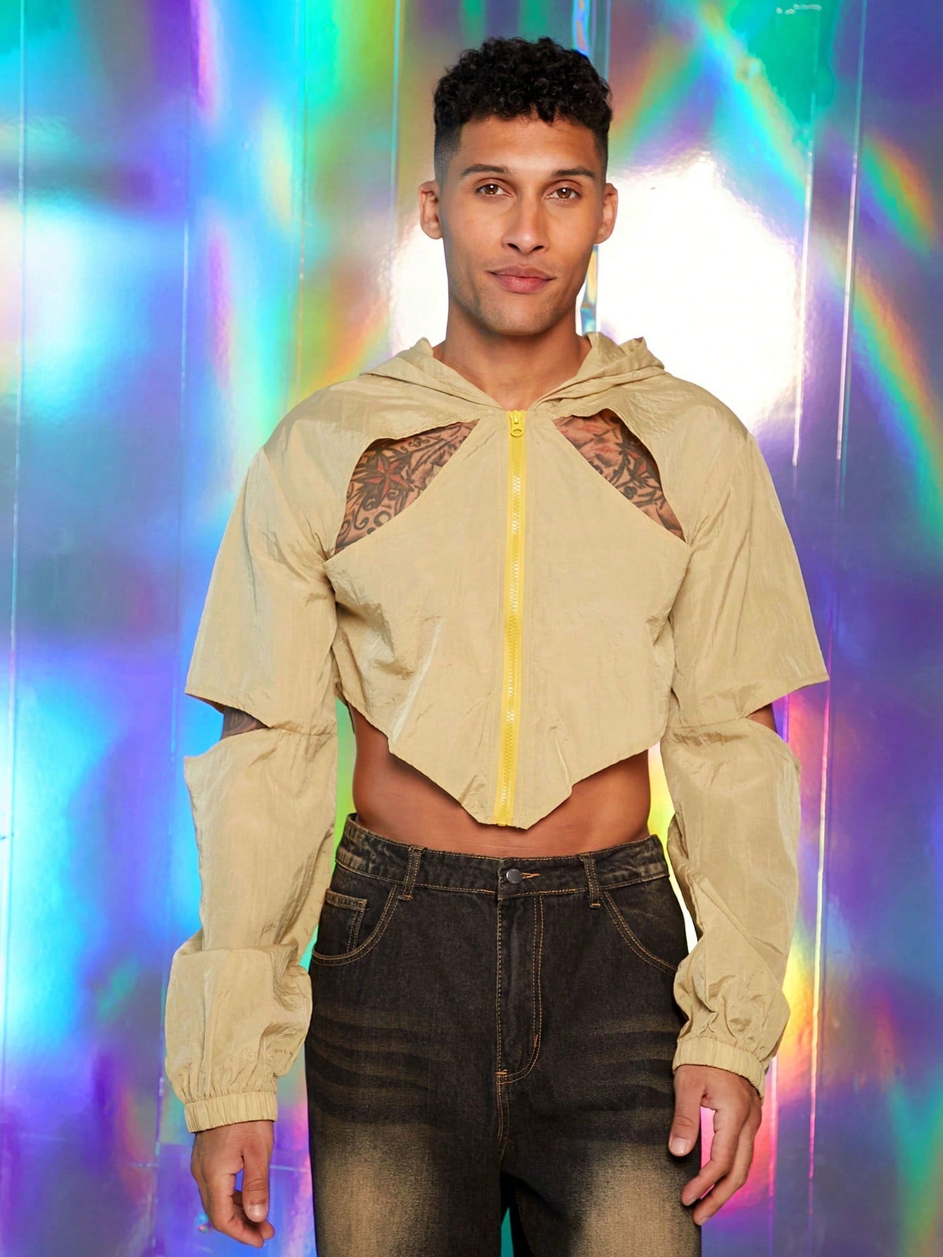 Men's Hollow-Out Long Sleeve Hooded Cropped Jacket