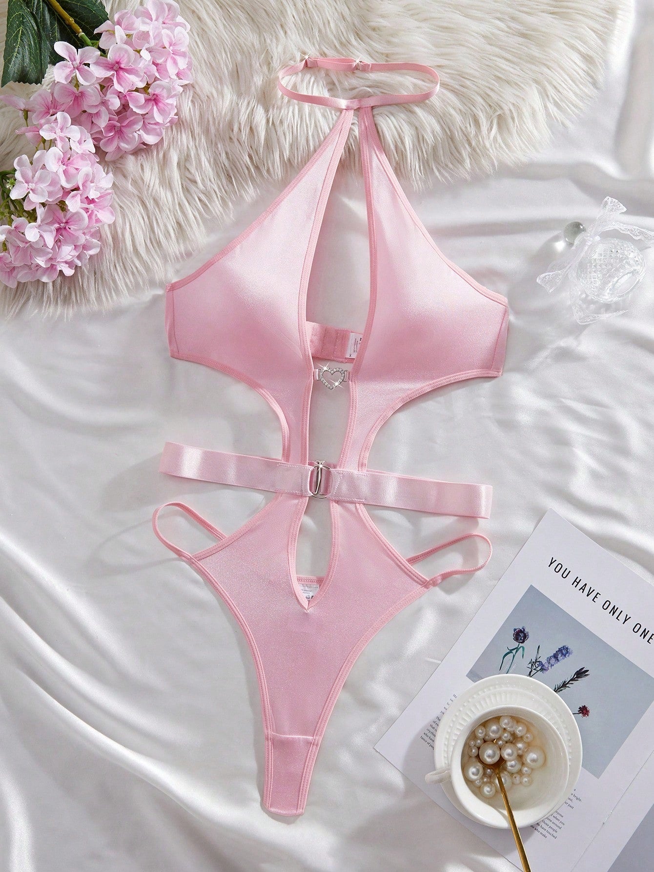 Pink Backless Halter Rhinestone Decor Wireless Sexy Bodysuit For Women