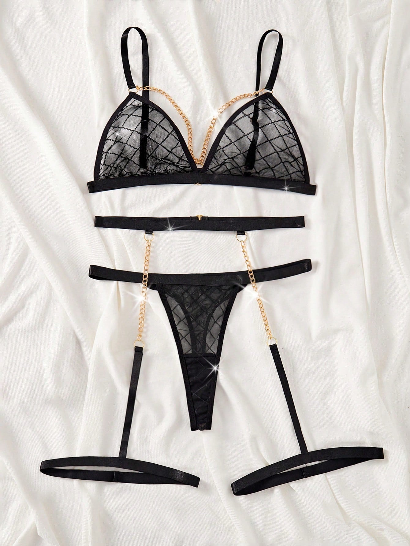Plaid Sheer Mesh Sexy Lingerie Set with Metal Chain Bra Garter Belt and Thong