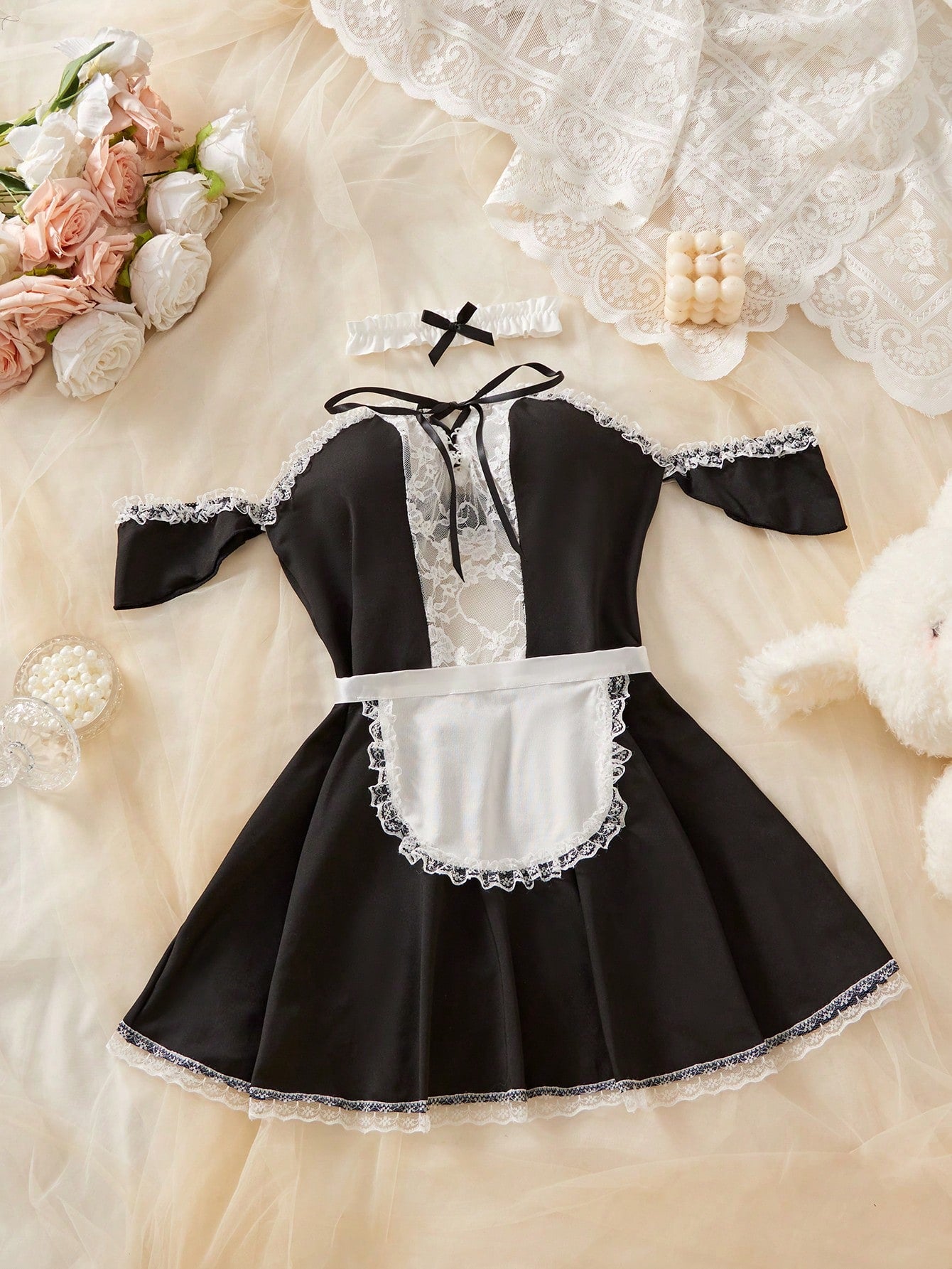 Women’s Black & White Patchwork Costume Set With Apron
