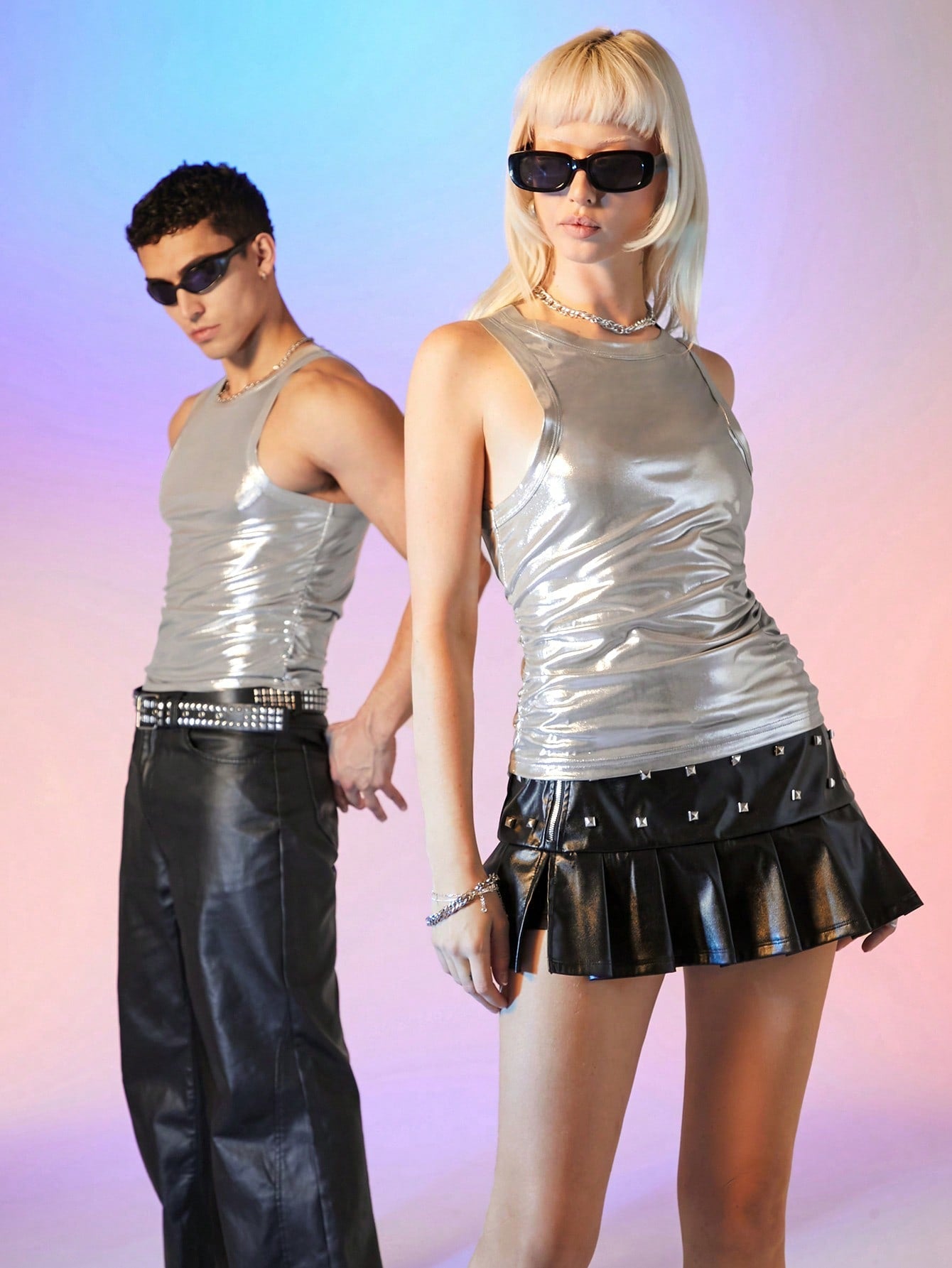 Unisex Street Style Silver Silk Fitted Sleeveless Crop Top
