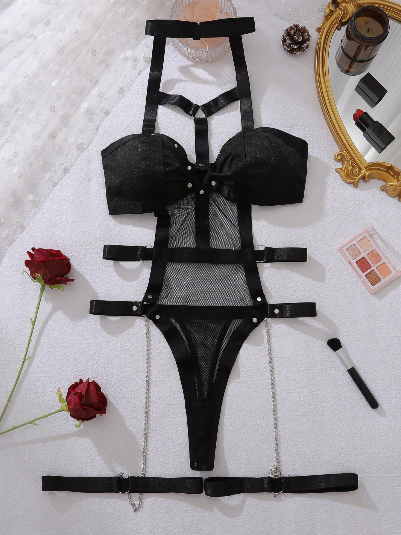 Punk Ring Linked Harness Teddy Bodysuit with Leg Rings