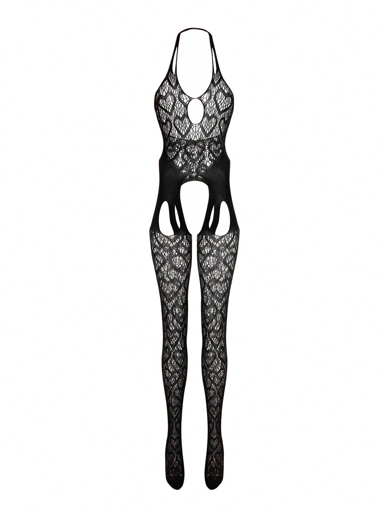 Heart Mesh Full Coverage Footless Crotchless Backless Halter Sexy Jumpsuit For Women For Going Out