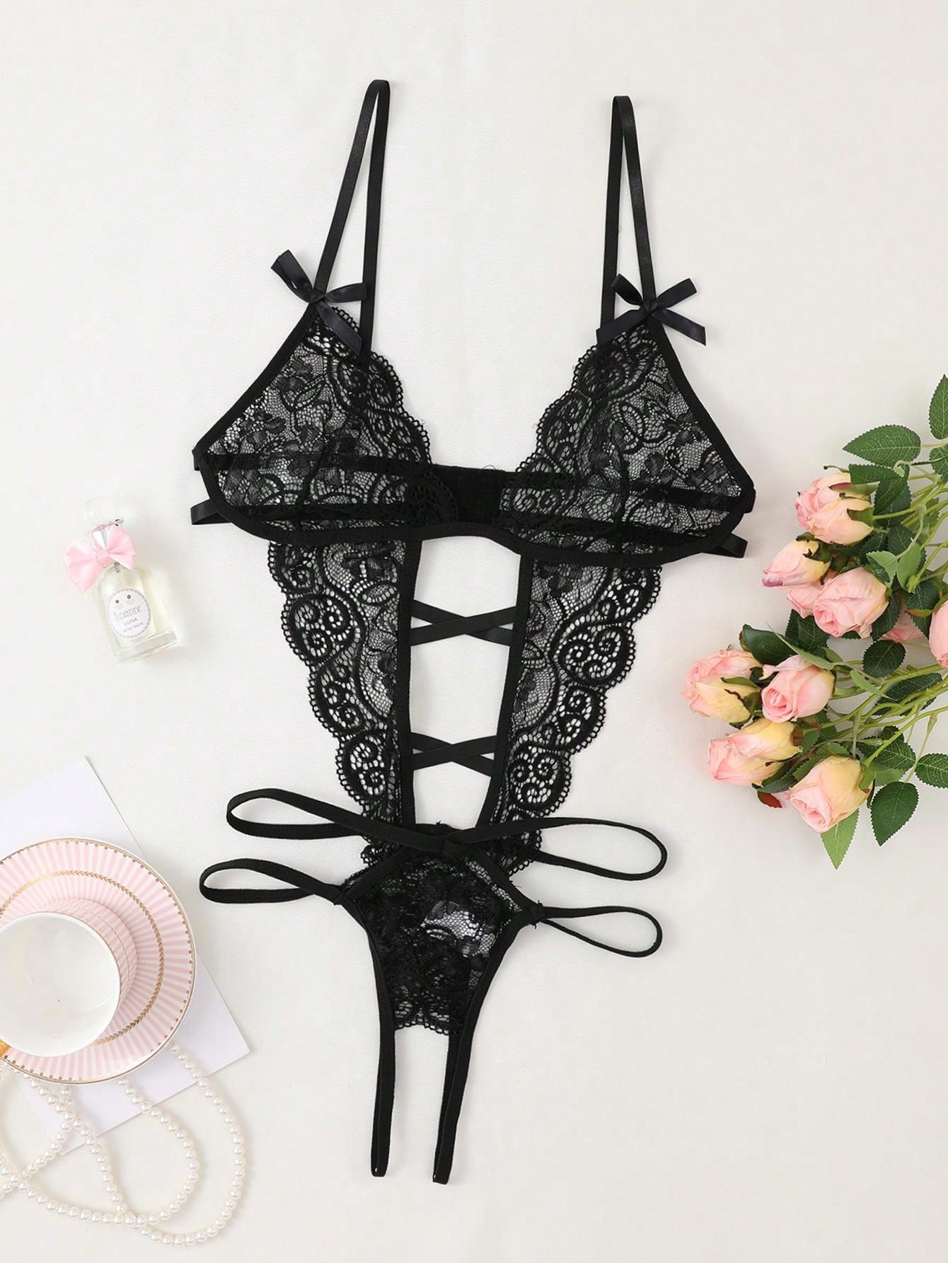 Women Lace Bodysuit With Bow Accent And Deep V-Neck Design, Backless Structure, Lightweight Fabric Construction, One-Piece Fit, Suitable For General Wear And Outfit Styling
