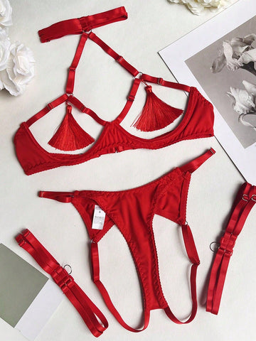Fringe Satin Style Two-Piece Outfit Set For Celebration