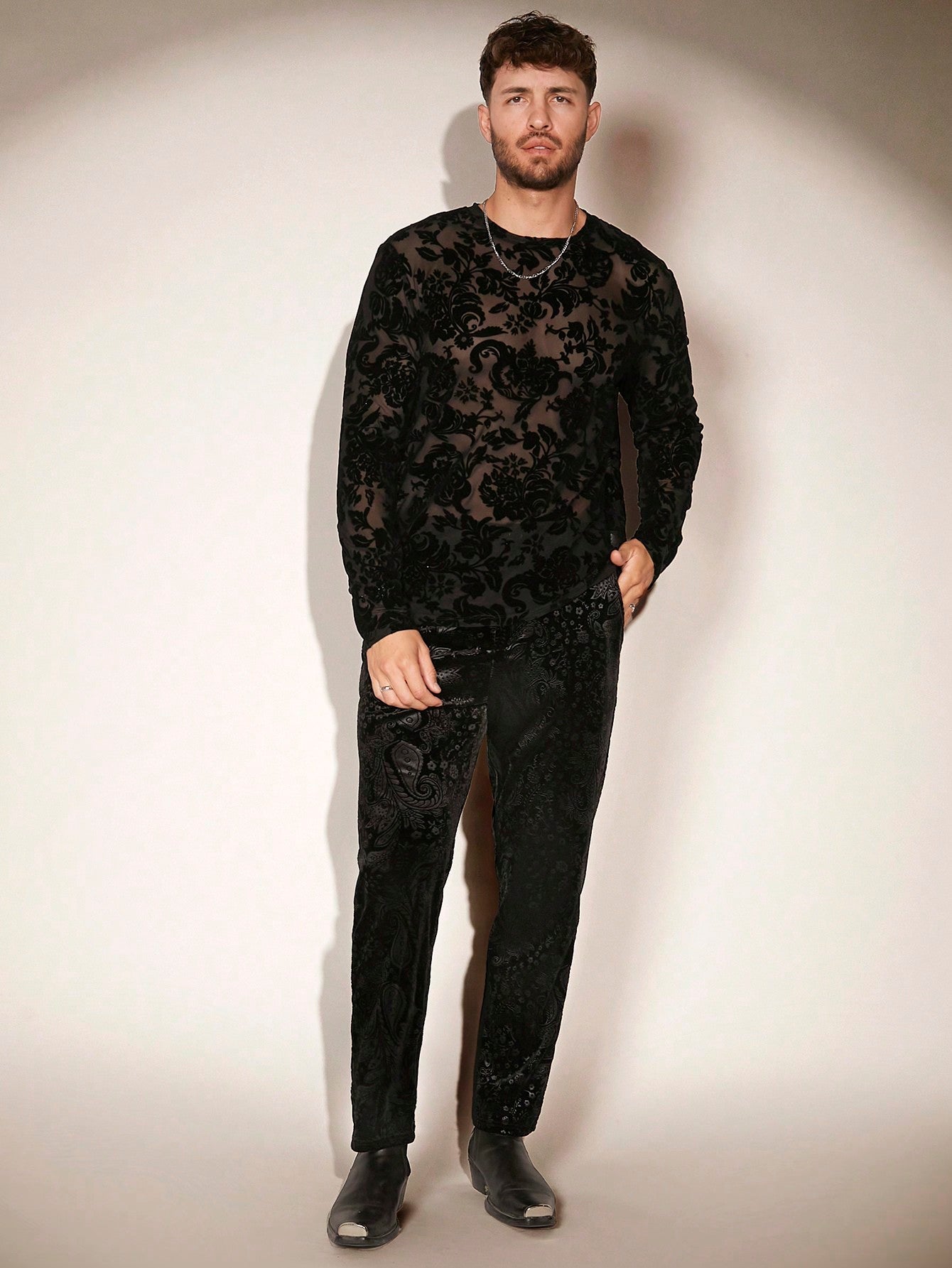 Men's Floral Print Sheer Mesh Long Sleeve T-Shirt