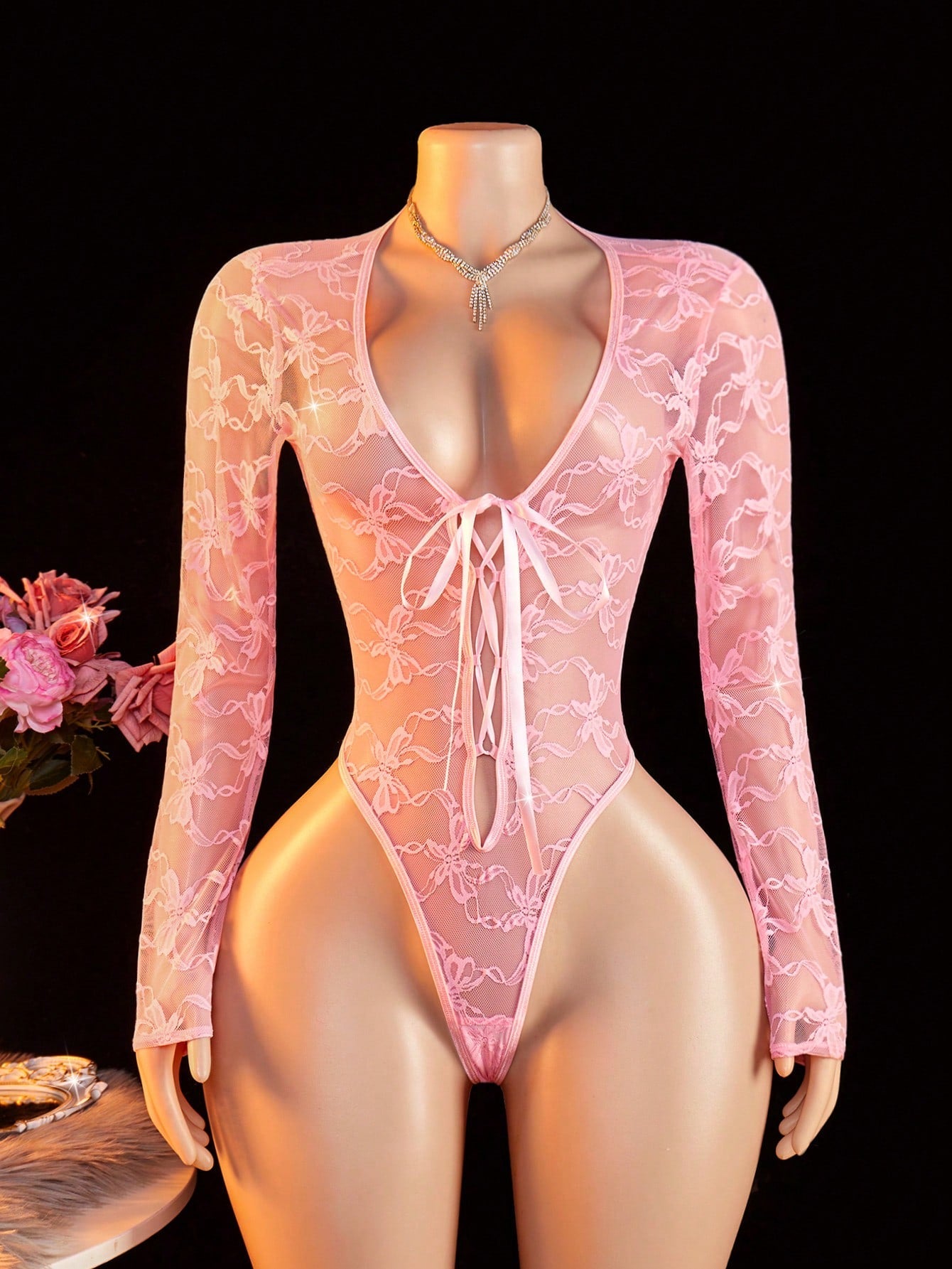 Women Mesh Long Sleeve Bodysuit With Floral Print And Front Tie Detail, Lightweight Fabric Construction, One-Piece Structure, Suitable For General Wear And Styling