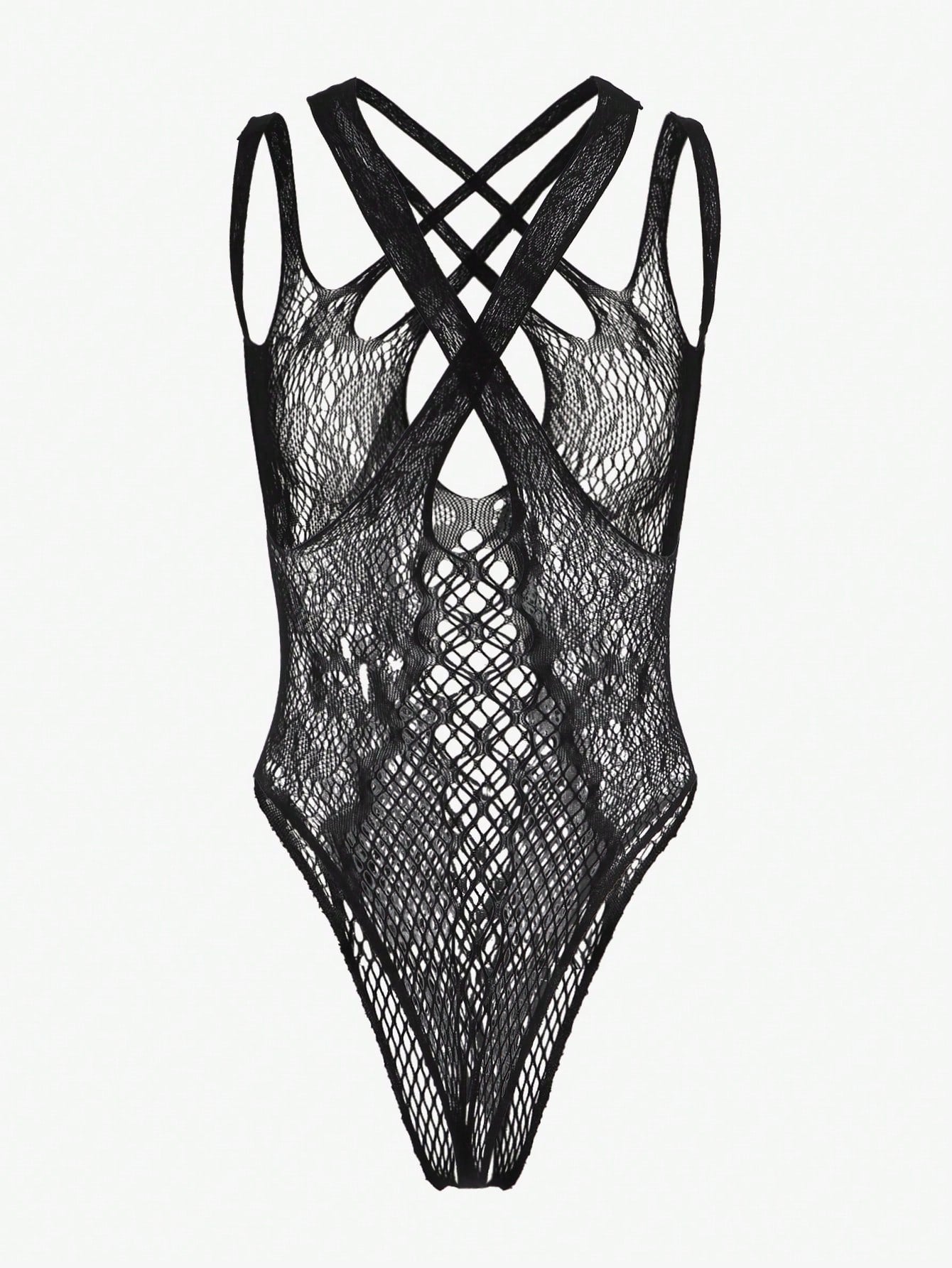 Crisscross Hollow Out Teddy Bodysuit Without Liner
