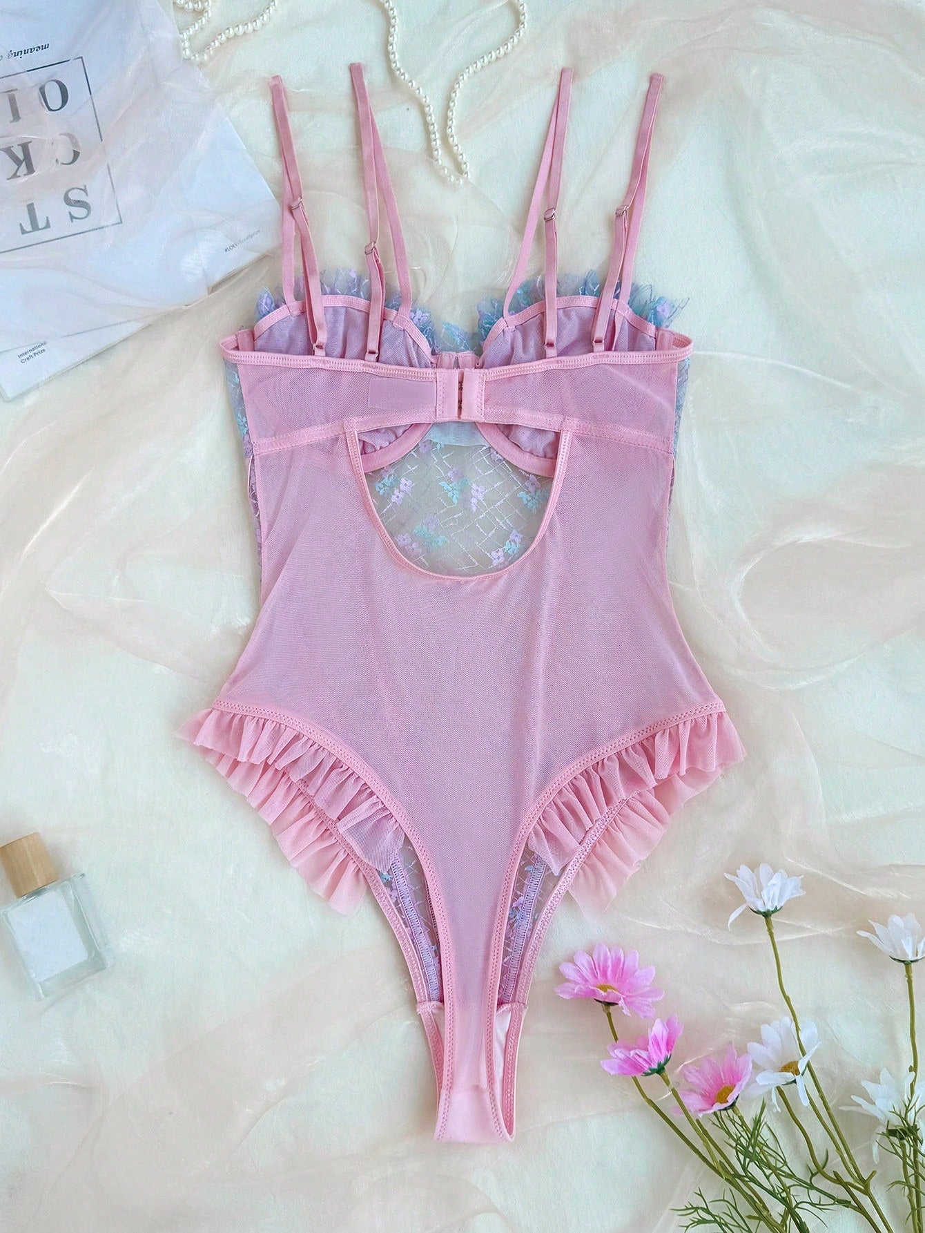 See-Through Ruffle Contrast Suspender Backless Sexy Bodysuit
