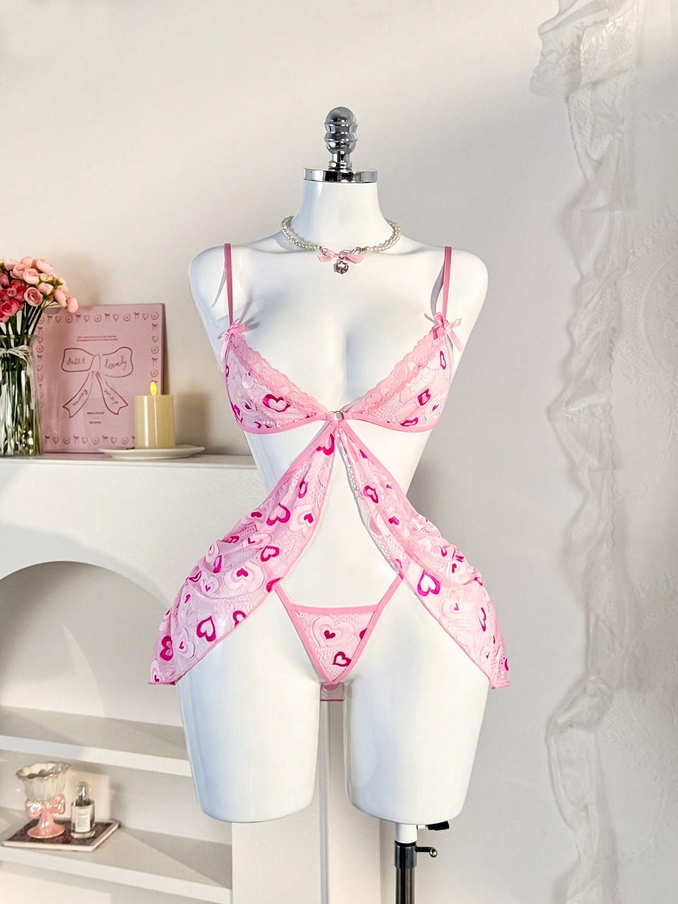 2pcs Women Pink Heart Pattern Camisole Set With Backless Design, Lightweight Fabric Construction, Coordinated Two-Piece Structure, Suitable For General Wear And Styling