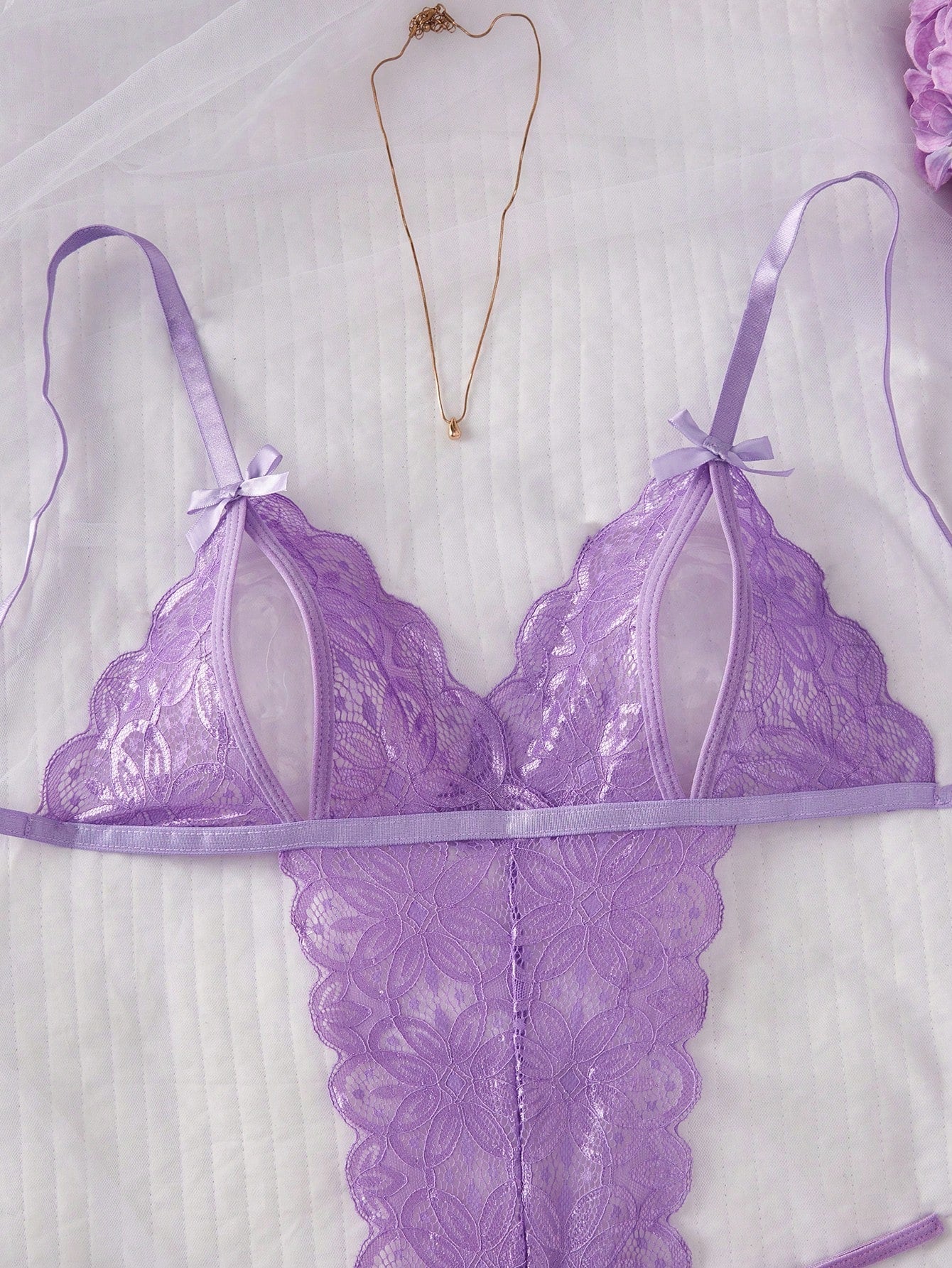 Women Purple Floral Lace One-Piece Bodysuit With Deep V-Neck Design, Sheer Contrast Lace Panels, Hollow Detail With Bow Accent, Open Back Structure, Lightweight Fabric Construction, Flexible Fit, Suitable For General Wear And Outfit Styling Use