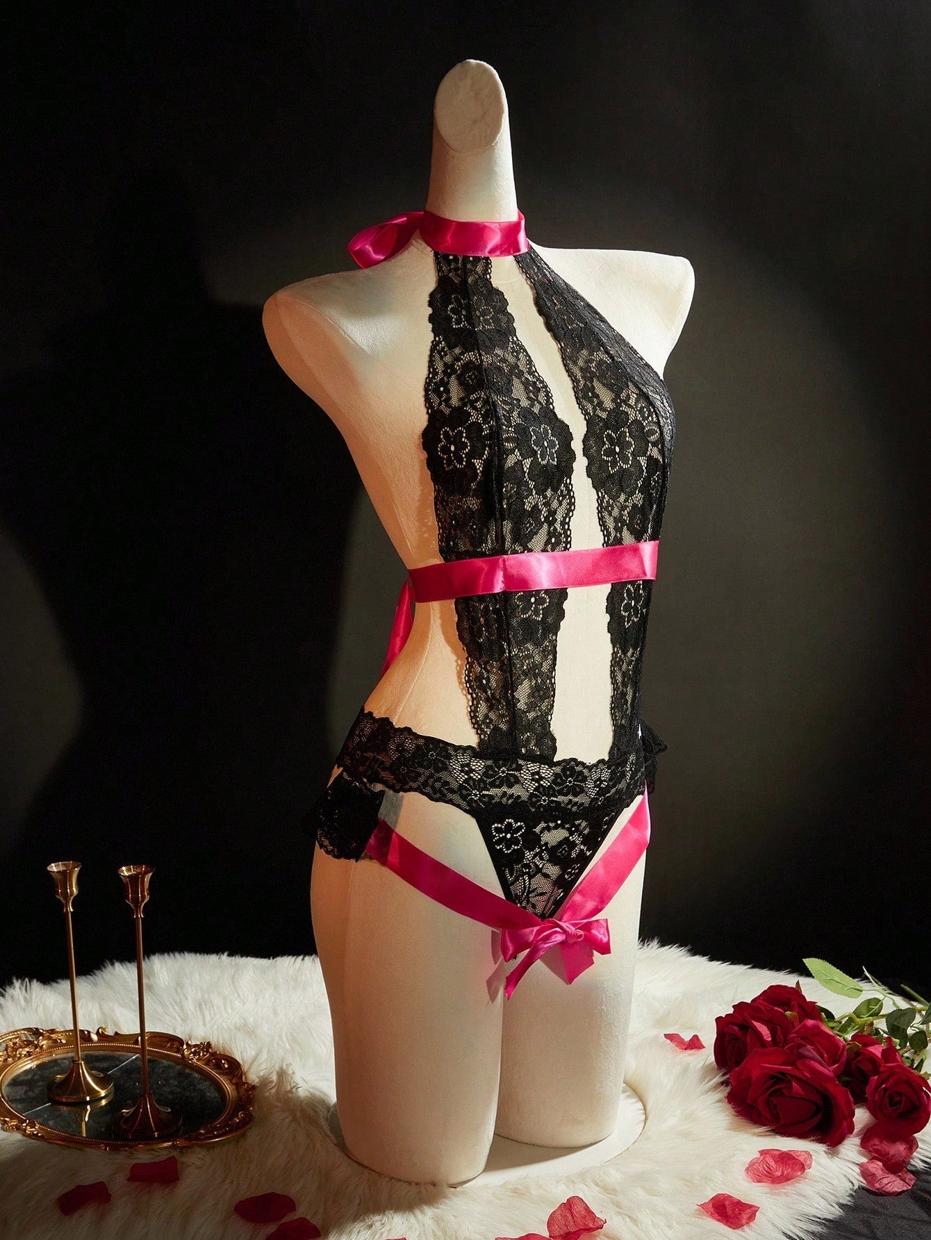 Women Sleeveless Bodystocking Set With Contrast Lace And Plant Motif Pattern, Ribbon Accent Detail, Lightweight Fabric Construction, Coordinated Multi-Piece Design, Suitable For General Wear And Styling
